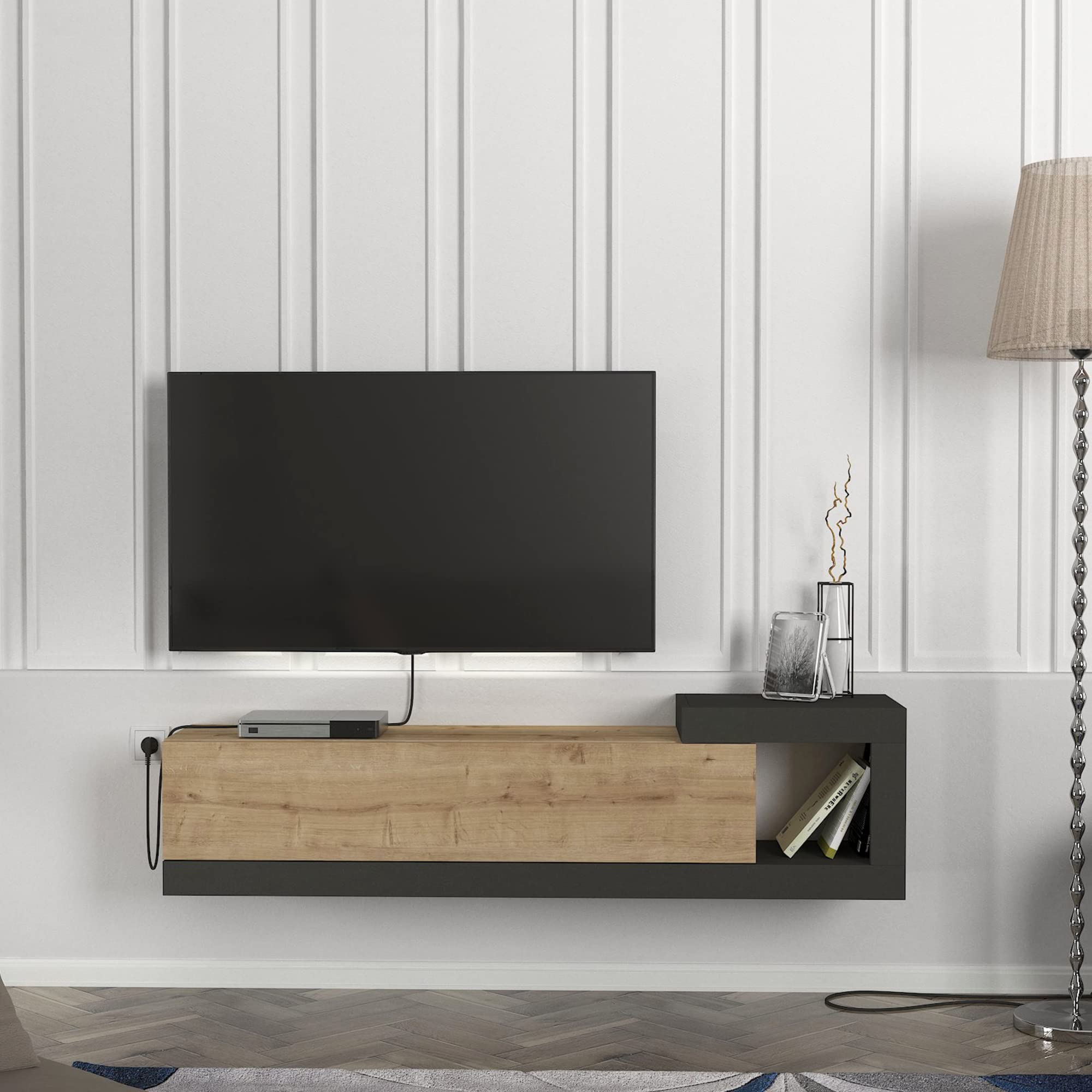 [en.casa] Mobile TV Sospeso 150 x 29,5 x 38,5 cm Mobile Porta TV a Parete Supporto TV a Muro con Anta a Ribalta e Scomparto Laterale Aperto - Effetto Rovere/Antracite