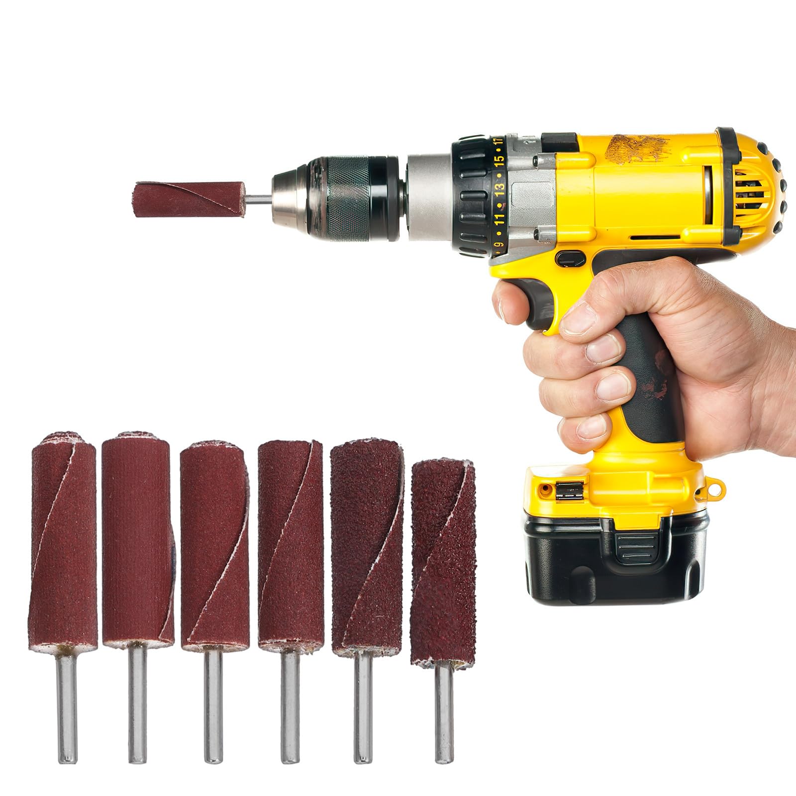 Accessori Levigatura 7 Pezzi Tamburi Abrasivi Cilindrici Manico, Rulli per Trapano, Utensili Rotanti per Metallo, Legno e Plastica, Kit per Fai da Te e Riparazioni