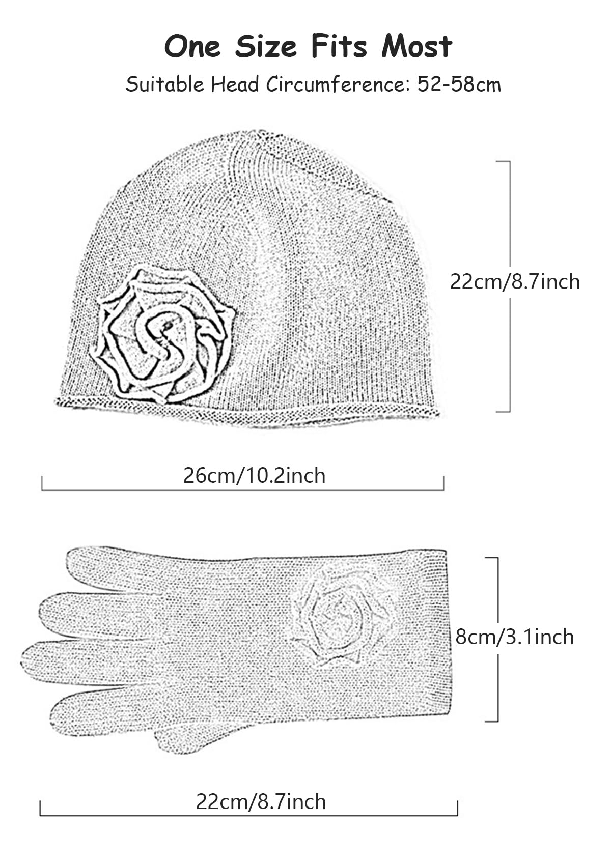 Mujer Conjunto de Gorro Beanie y Guantes de Punto, 100% Cachemira Suave Cálido Sombrero Tejido y Manopla de Dedos Completo con Flor de Ganchillo Hecho a Mano, Invierno 2 en 1 Conjunto Regalo
