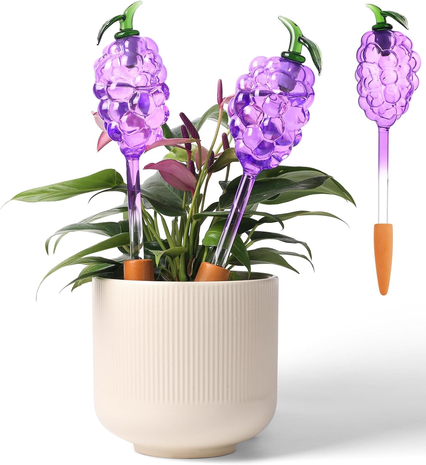 3-Pack Grape-Shaped Plant Watering Globes with Terracotta Stakes, Purple & Green Glass Self-Watering Planter Insert, Automatic Watering Bulbs for Indoor & Outdoor Plants, Refillable via Top Opening