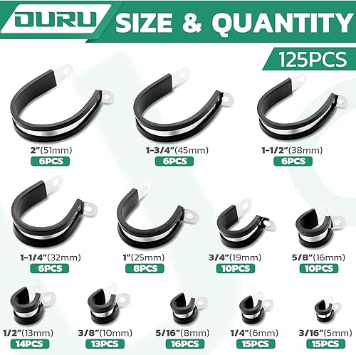 Miniatura 2 de Abrazaderas de cable de 125 piezas, 12 tamaños de abrazaderas de cable aisladas acolchadas con revestimiento de goma de acero inoxidable, kit