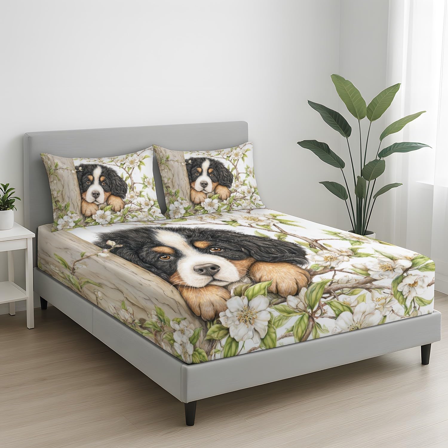 Süß Hunde Spannbetttuch Kindlich Tier Blumen Spannbettlaken 200 x 200 x 30 cm 3teilig Mikrofaser Bettwäsche Set mit 2 Kissenbezüge 80 x 80 cm Kein Flachbettlaken