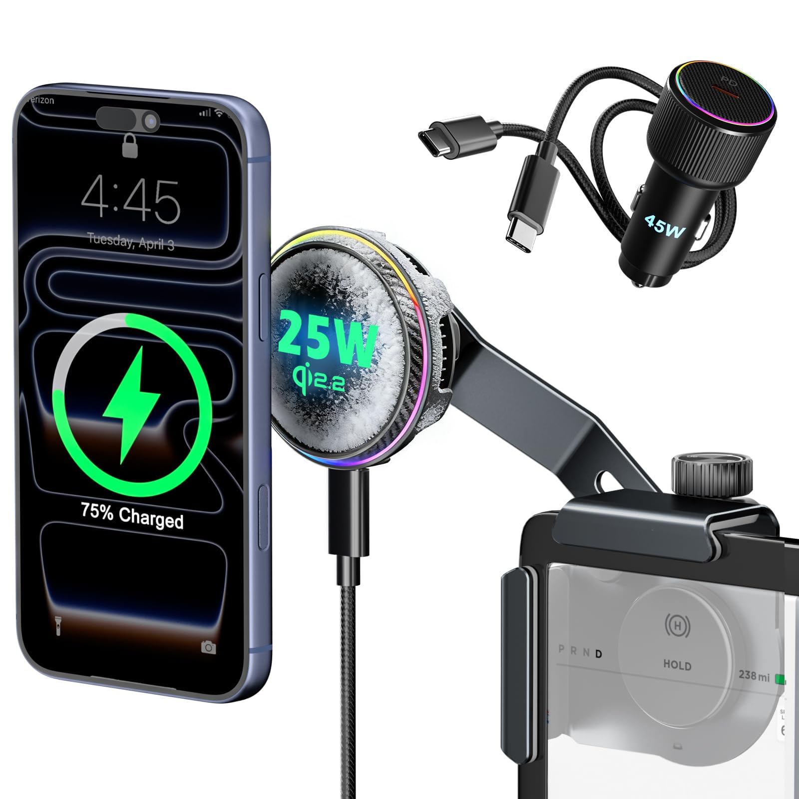 CloudValley Qi2.2 Support de téléphone sans fil 25 W pour Tesla Model Y/3, support de voiture magnétique réglable avec ventilateur de refroidissement et adaptateur 45 W, support métallique extensible