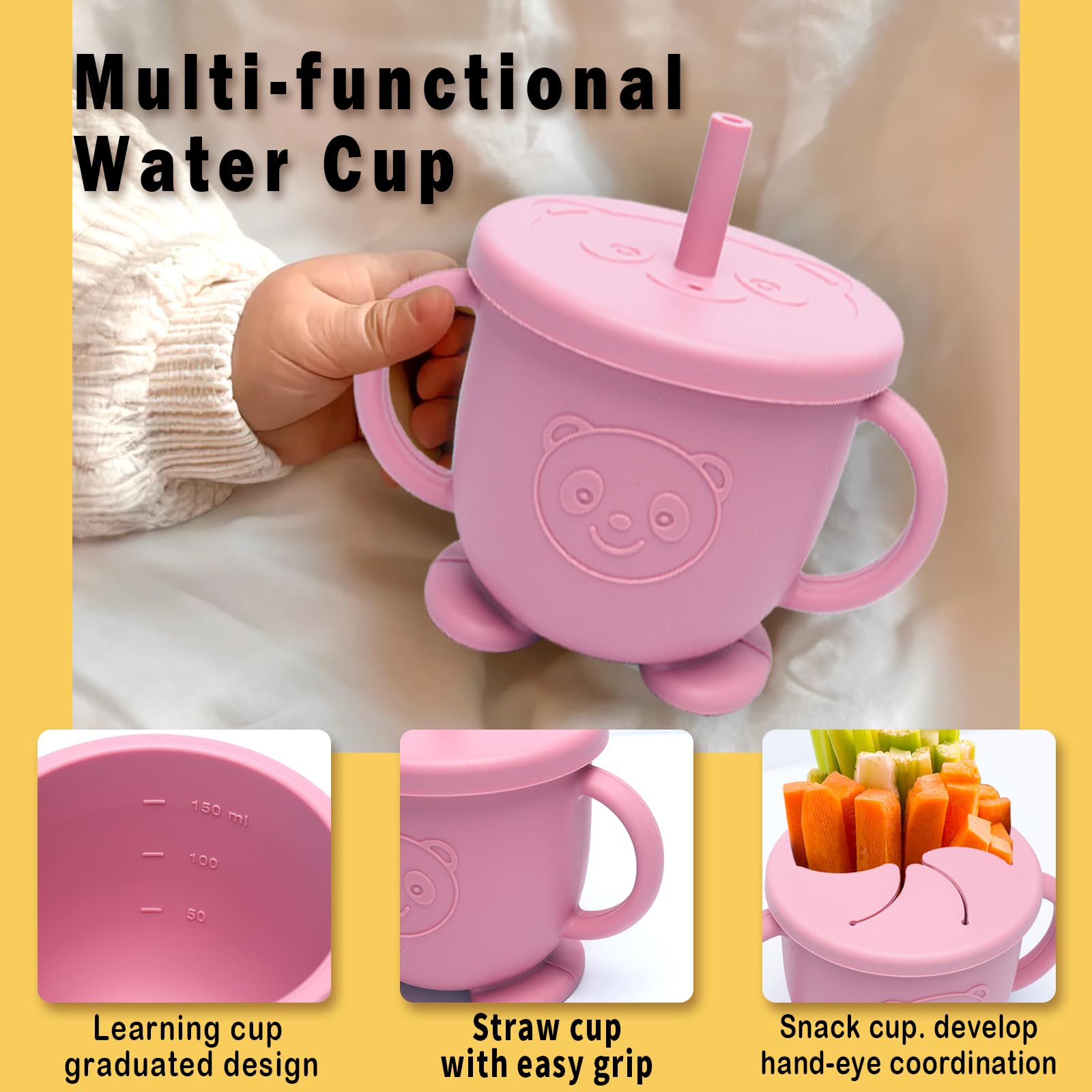 Coffret Repas Bebe 10 Pièces, Assiette bebe Set Vaisselle Antiderapant Silicone avec Ventouse Assiette Bol Fourche Cuillère Bavoir et Tasse, Enfant Set Couverts Vaisselle, Sans BPA, Rose