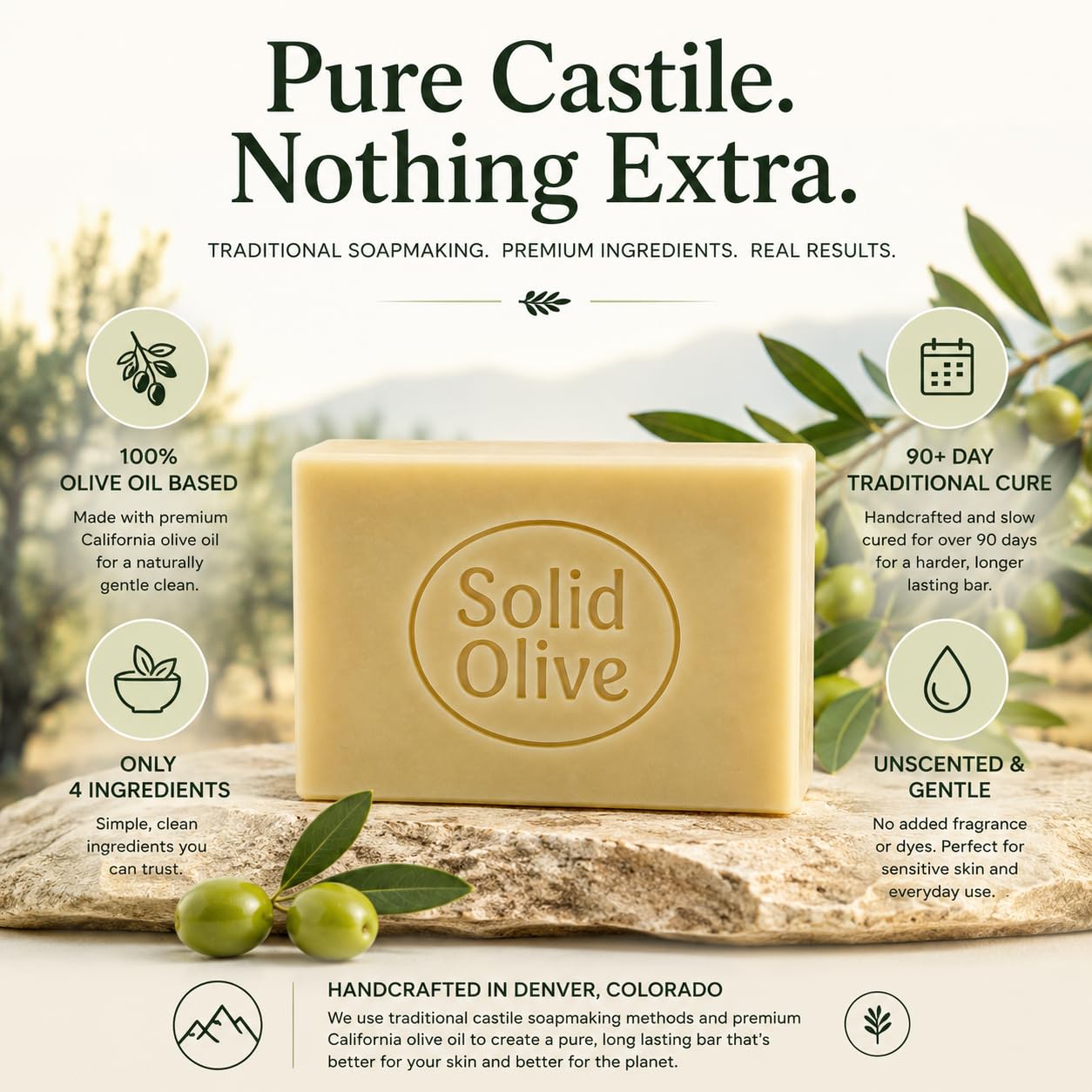 Unscented Castile Bar Soap, Pure Olive Oil, Moisturizing Cleanse, 4oz image 2