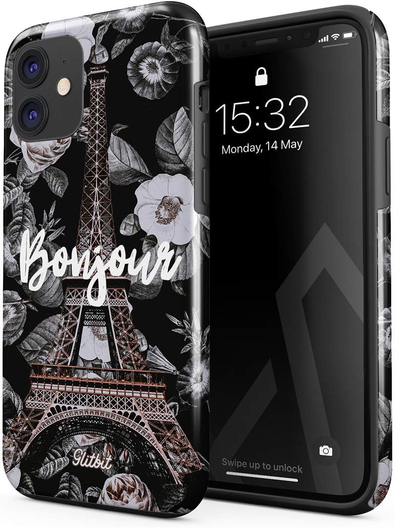 Compatible with iPhone 11 Case Bonjour Paris Eiffel Tower Floral France City of Love Roses Flower Heavy Duty Shockproof Dual Layer Hard Shell + Silicone Protective Cover