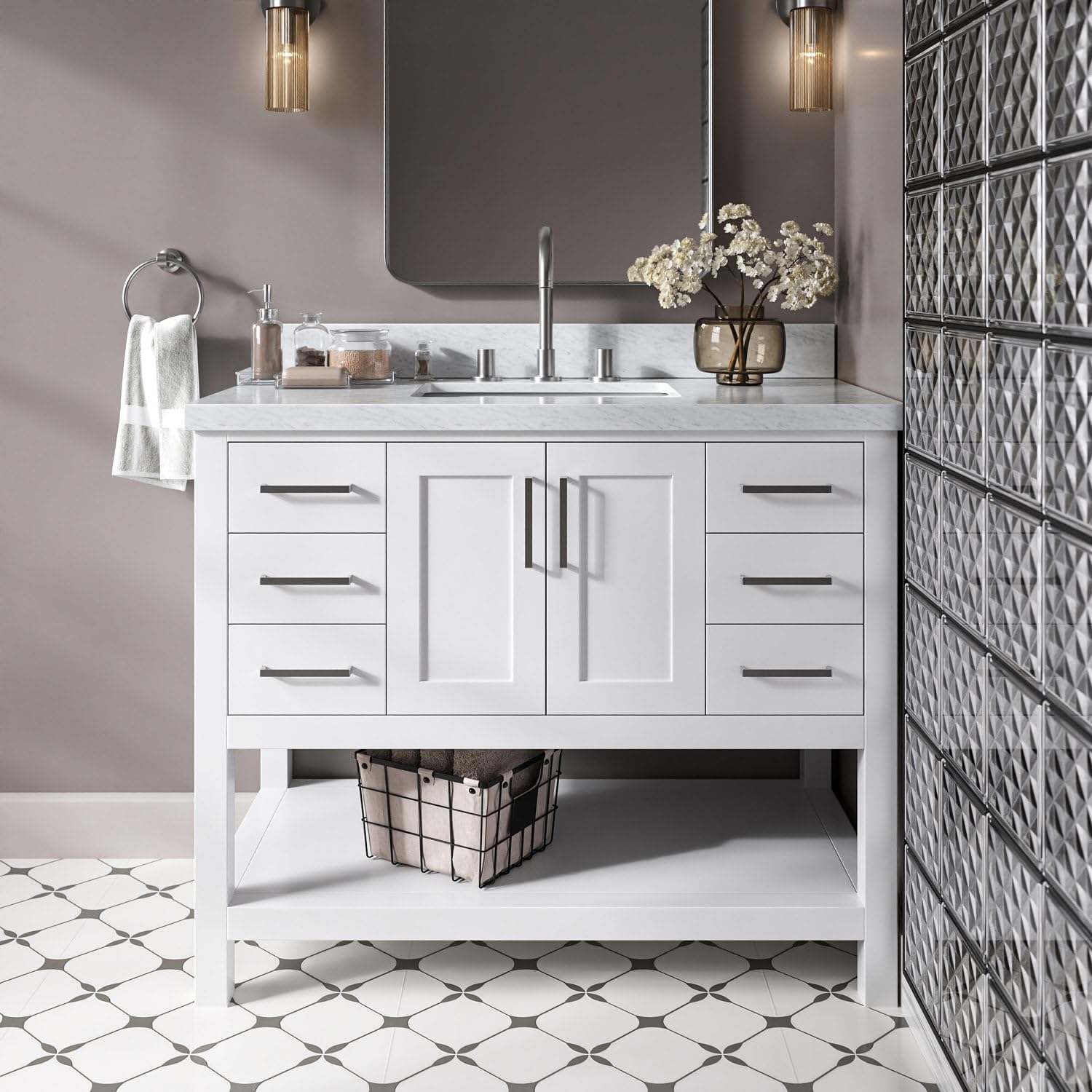 DKB Olivia 42-Inch White Bathroom Vanity with Sink, 1.5-Inch Edge Italian Carrara Marble Countertop & Splash, Rectangular Undermount Sink, 2 Soft-Closing Doors, 6 Dovetail Drawers, Brushed Nickel
