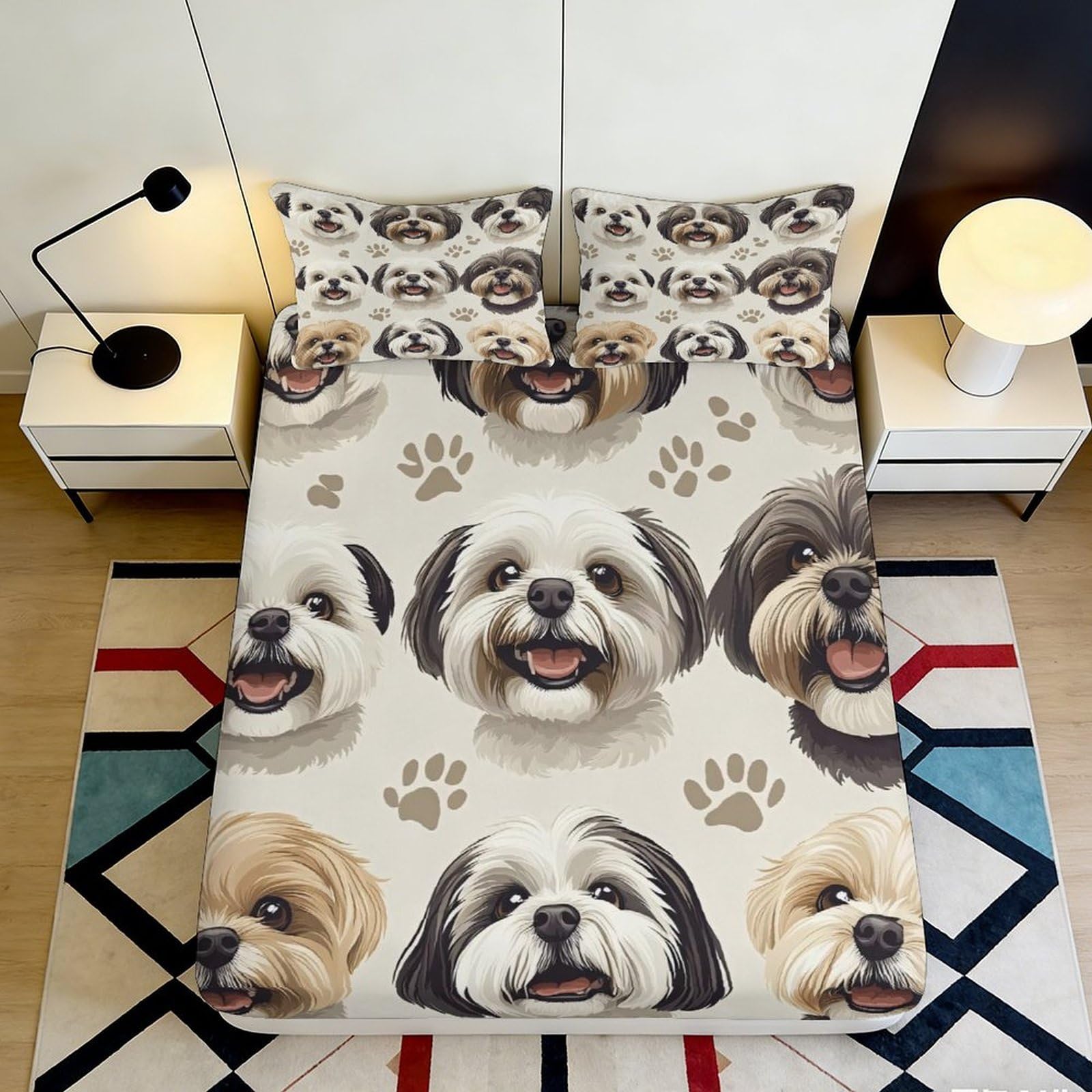 3D Printed Shih Tzu Dog Fitted Sheet Microfiber Soft Bed Cover Paw Pattern for Bedroom Dorm Mattress Decor 90x200x25cm