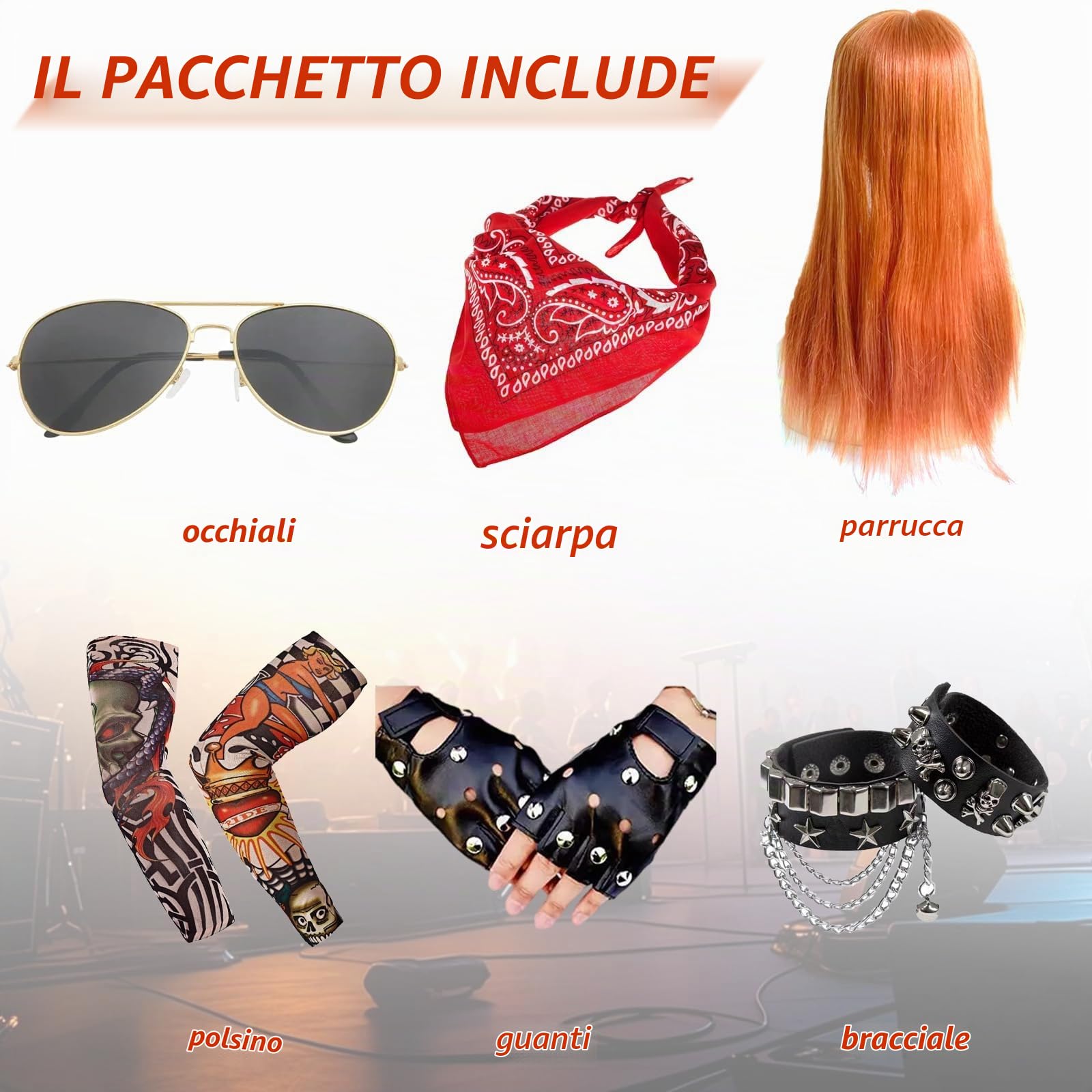 Punk Gothic Rocker Kit, Costume Rockstar Uomo con Parrucca Guanti Occhiali Bandane Braccialetto tatuaggi temporanei Manicotti, Accessori per Costume da Discoteca anni '70 '80 e '90