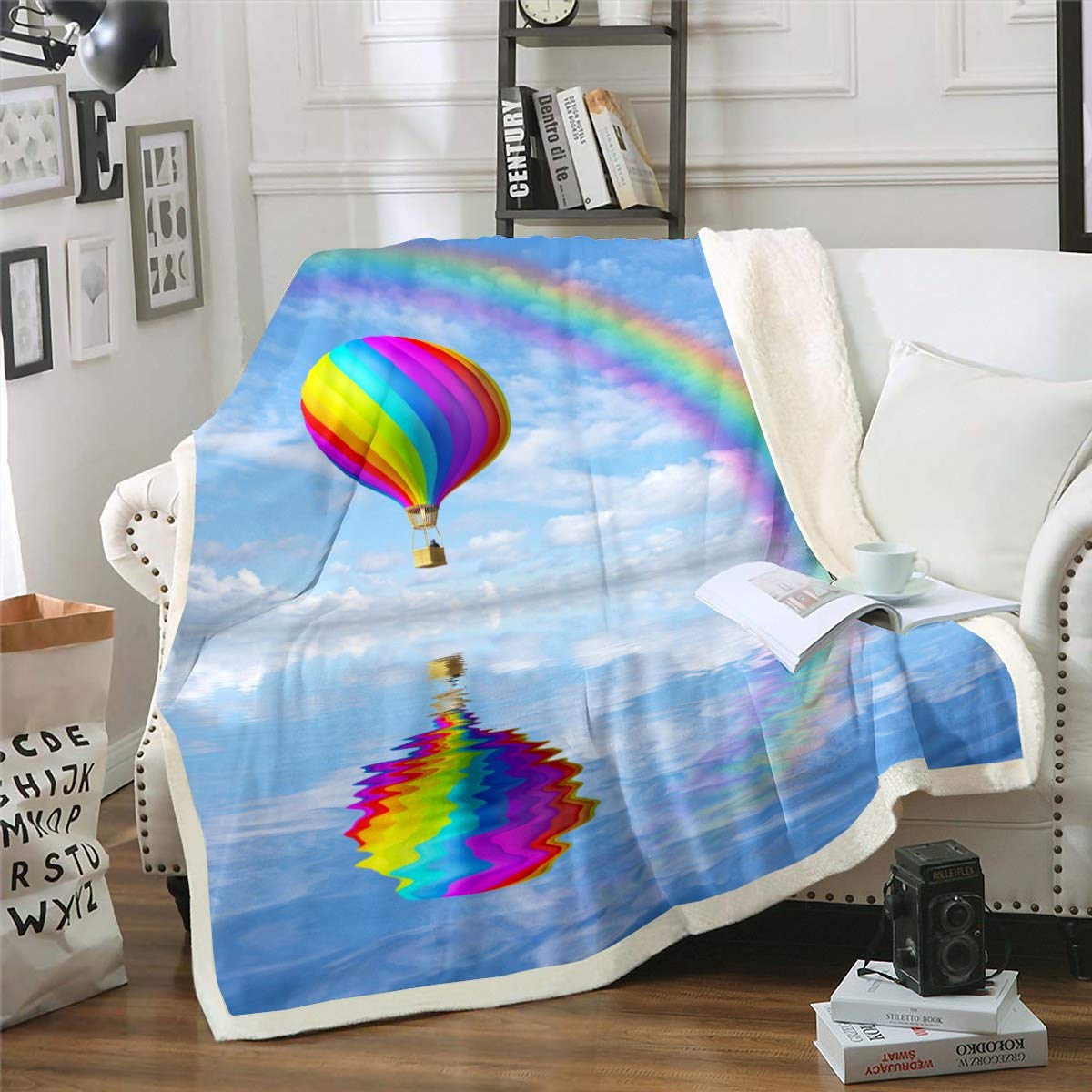Loussiesd Hot Air Balloon Blanket Rainbow Printed Fleece Blankets for Couch Bed Sofa Ocean Sea Pattern Plush Single Blanket Breathable Summer Holiday Sherpa Blanket Room Decor Baby 30"x40"