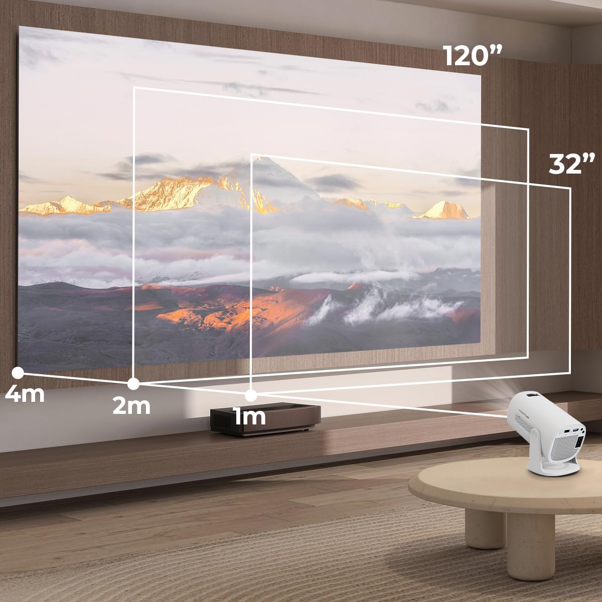 PRIXTON Proyector portátil Dalí, 4.800 lúmenes, 110 ANSI lúmenes, Mando a Distancia, 30.000 h, 32” a 120”, Conexión HDMI/USB/AC IN, Resolución HD Compatible con Full HD 4K LED, Color Blanco