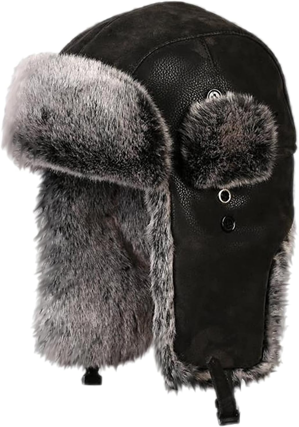 Faux Fur Trapper Hat,Winter Leather Earflap Hat Men Women - Waterproof Unisex Ushanka Russian Hats, Windproof Bomber Cap,Black A-XL