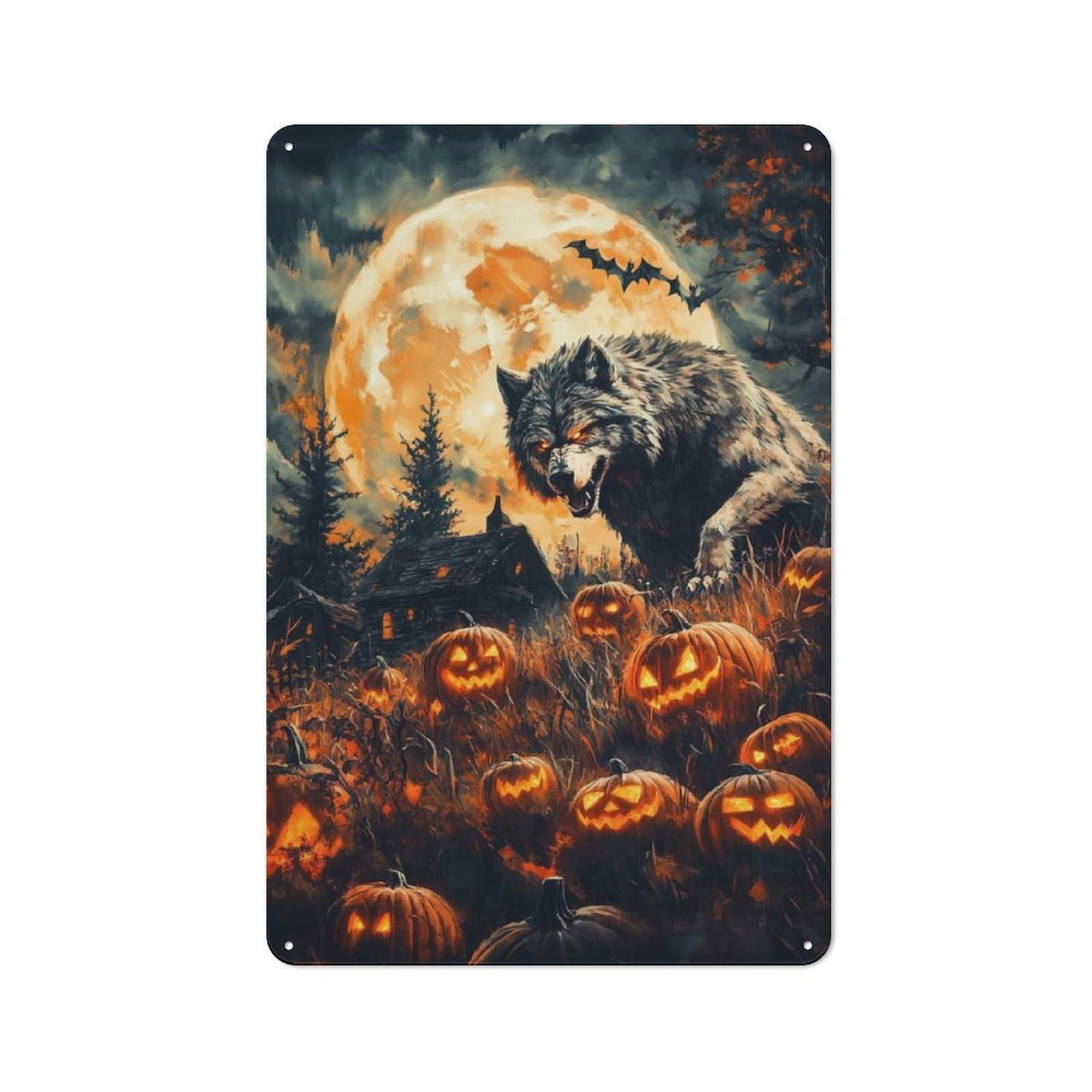 Junmoney Halloween Wolf And Pumpkins Retro Tin Sign 30X20cm Featuring For Home Bar Wall, For Collectors Decorating Home Bars And Entertaining Spaces