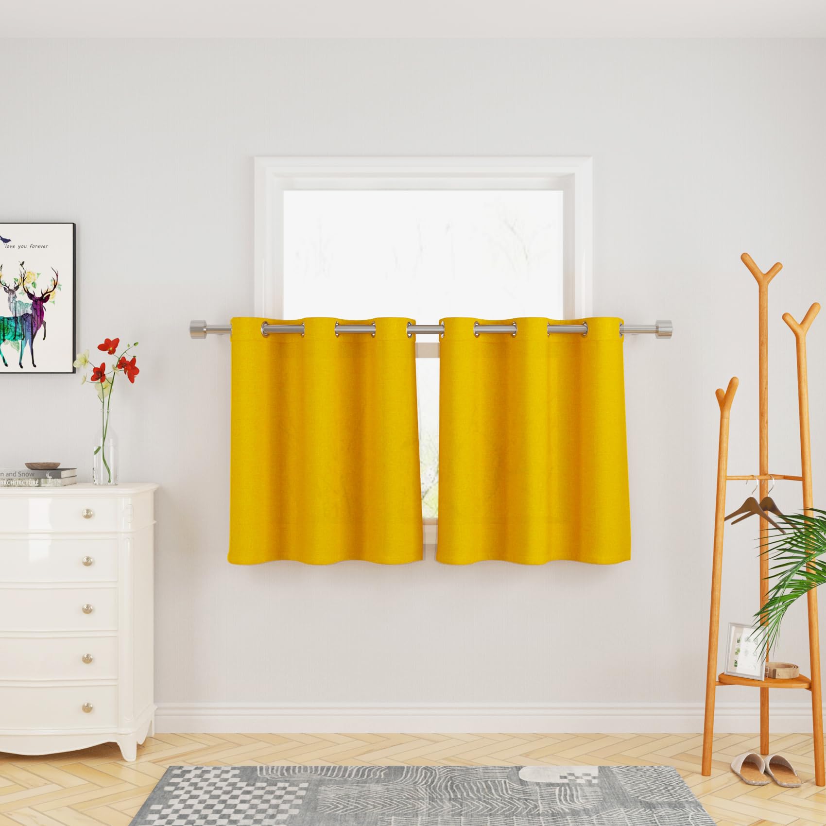 UPOPO Yellow Tier Curtains Kitchen Privacy Linen Textured 24 inch Length Cafe Curtains Over Sink Short Cabinet Caravan Bathroom Small Basement Window