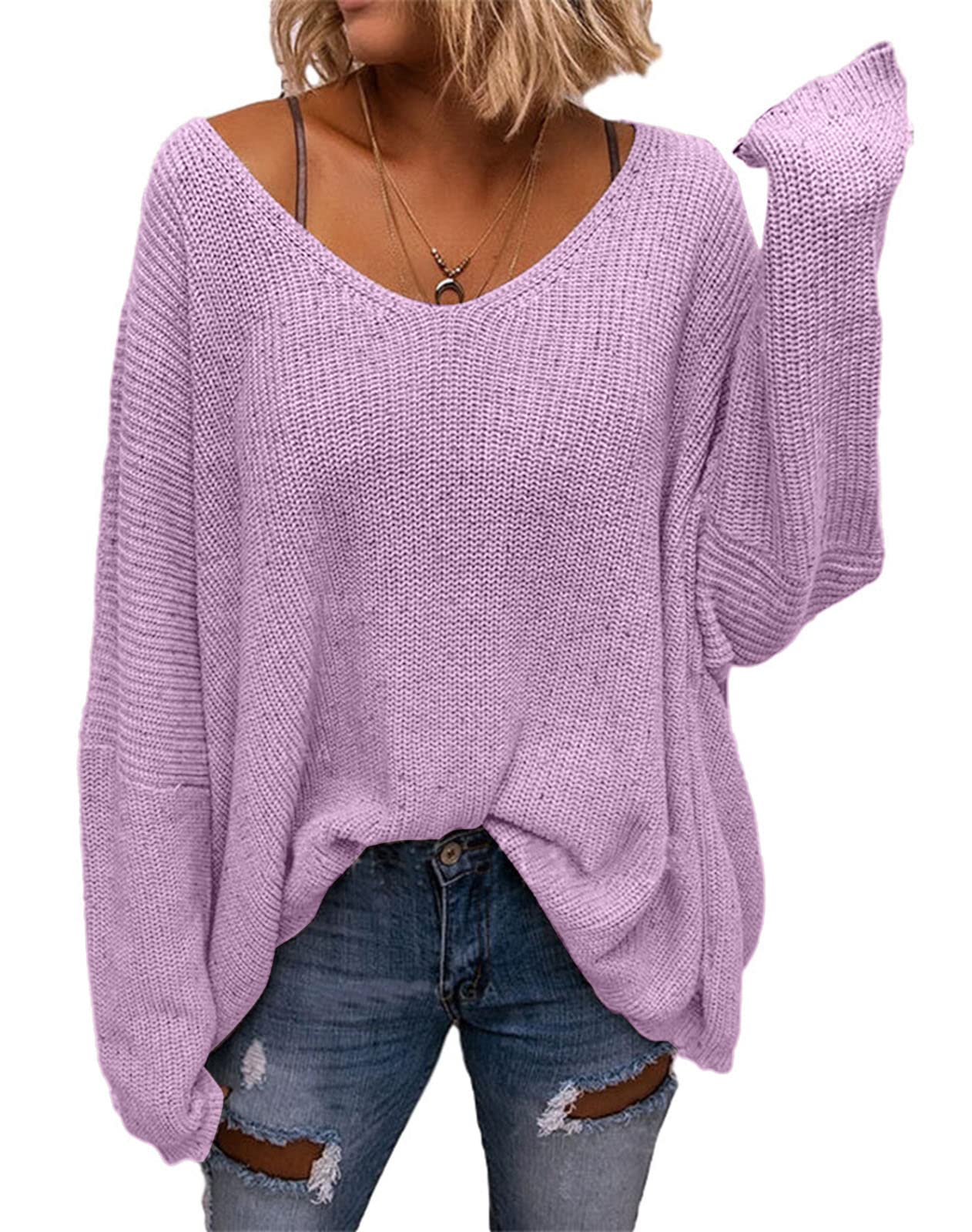 BZB Women's V Neck Long Sleeve Knit Loose Oversized Pullover Sweater