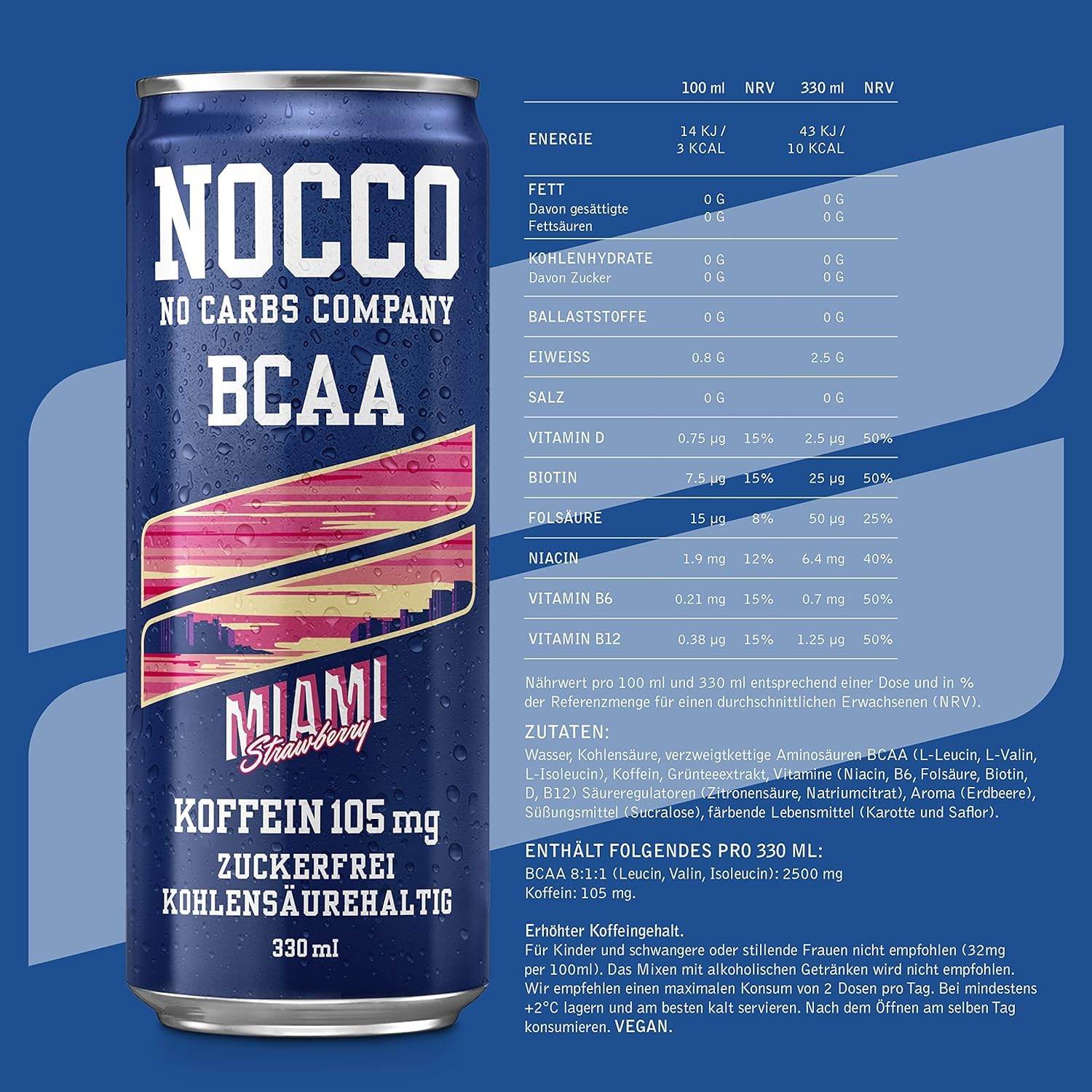 SORINA Bebida energética NOCCO BCAA, paquete de 24 - bebida energética vegana y sin azúcar con cafeína, vitaminas y aminoácidos - Piña caribeña, 24 x 330 ml incl. depósito (Miami)