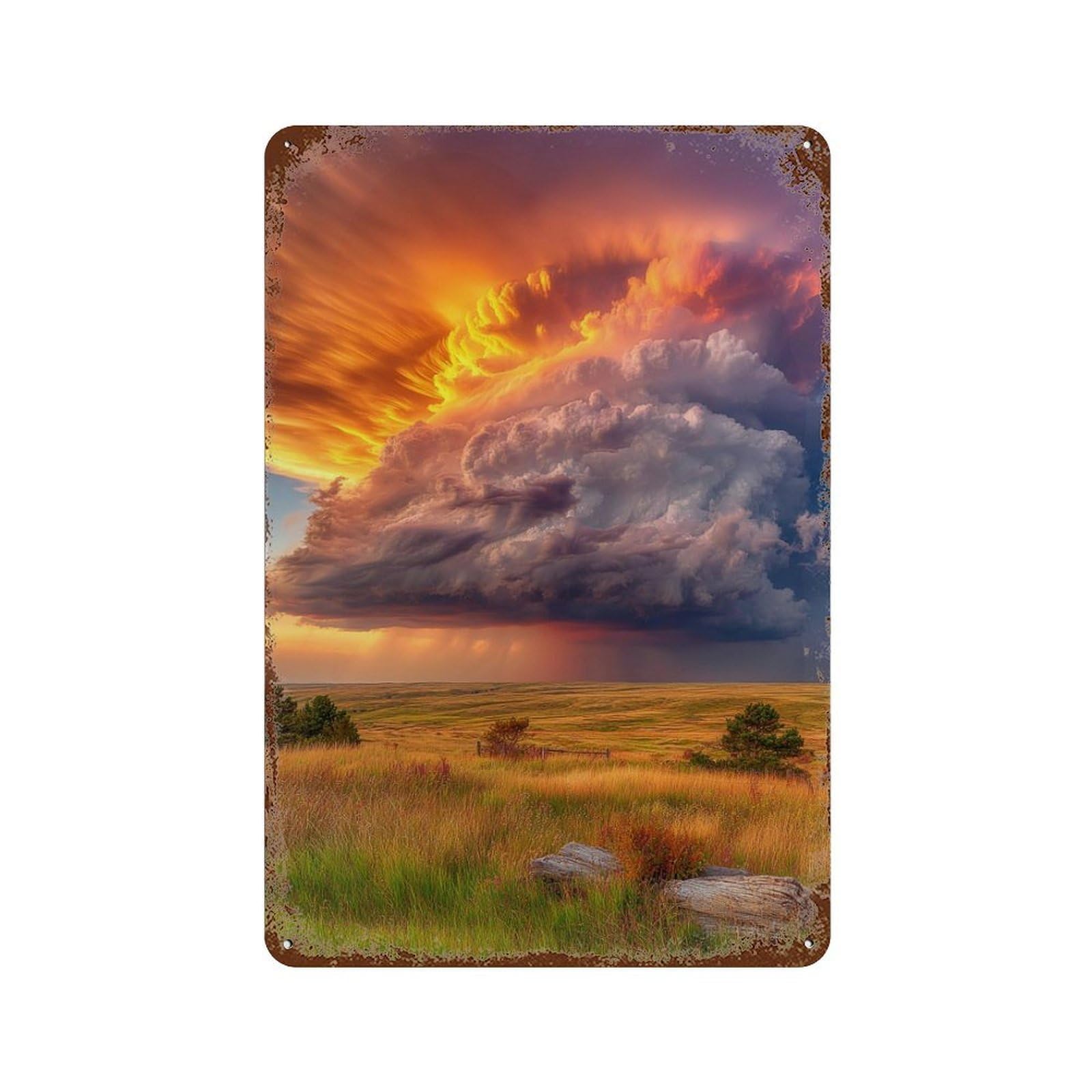 Garage Style Thunderstorm Over The Plains Aged Metal Wall Plaque 11.8"x7.9", Novelty Wall Decor for Bar And Workshop