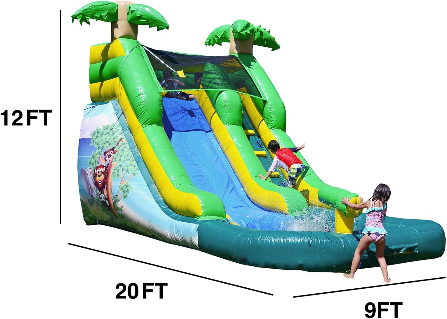 JumpOrange 12ft Safari Inflatable Water Slide with Pool- 20ft Long Commercial Grade 15oz PVC Vinyl, Wet or Dry Front Load Entry for Easy Supervision, Includes Blower, Backyard Fun, Home & Rental Use