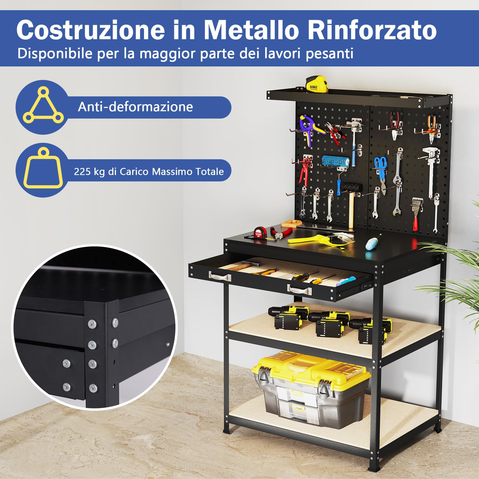 COSTWAY Banco da Lavoro con Piano da 81 x 41 cm, Banco da Lavoro Officina con Pannello Forato e 20 Ganci, Cassetto e 2 Ripiani, Tavolo Lavoro per Garage Capacità 225 kg (Nero, 81 x 41 x 156 cm)