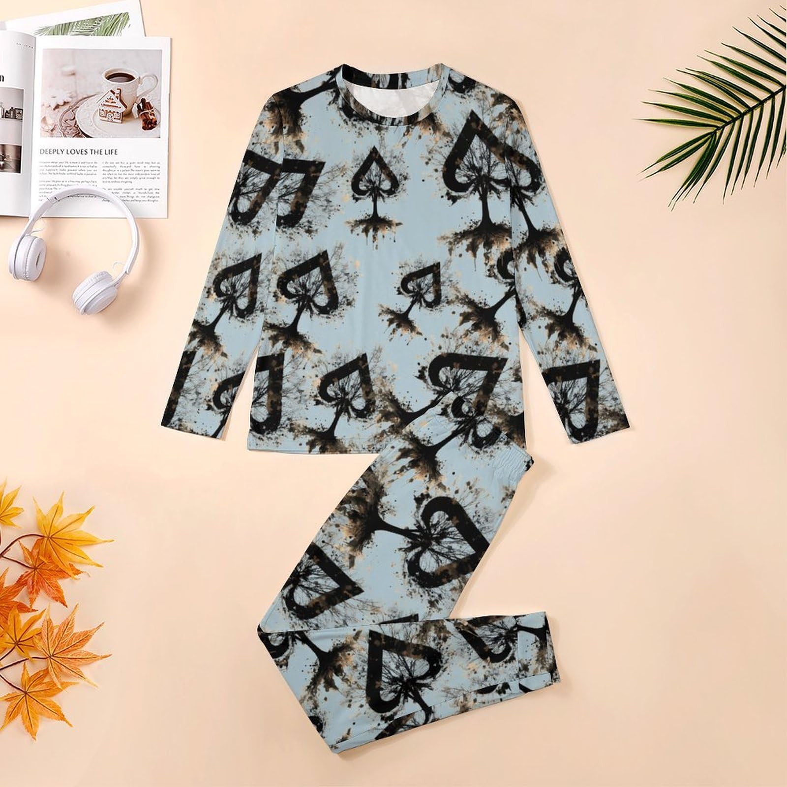Juego de pijama para hombre de 2 piezas con cuello redondo y manga larga, suave parte superior e inferior transpirable para todas las estaciones