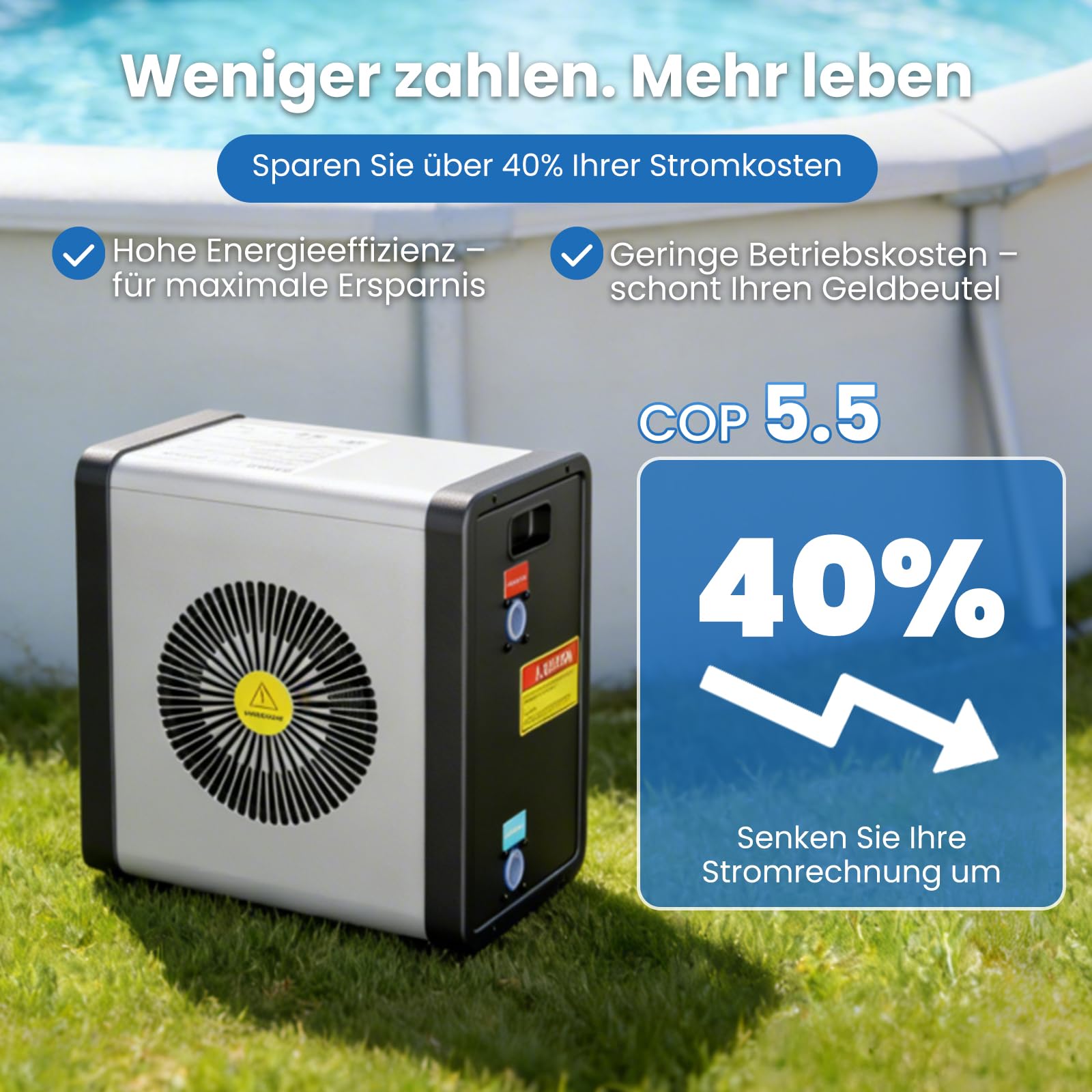 Mini-Wärmepumpe für Pools – 5 kW, steckerfertig, leise (29–45 dB), COP 5,5, 220–240 V – Heizen & Kühlen für bis zu 20 m³ – verlängert die Badesaison