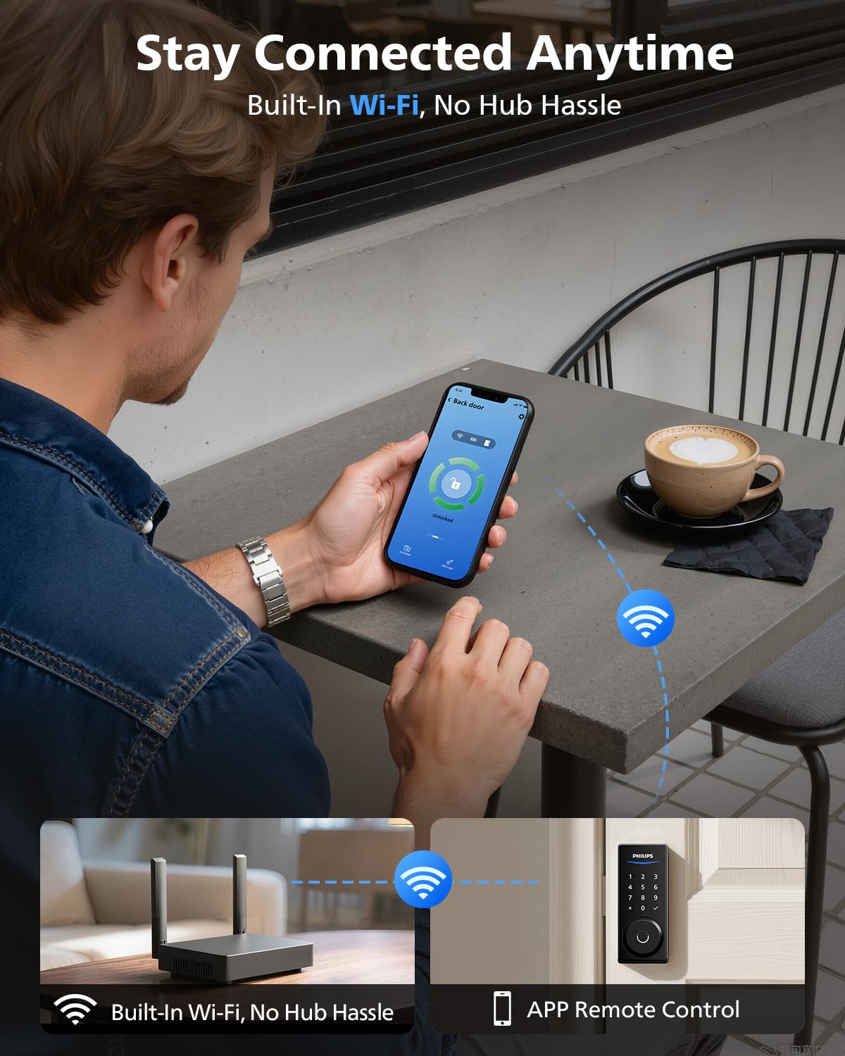 Philips Built-in WiFi Smart Lock + 2 Levels, Smart Locks for Front Door, Digital Keypad Deadbolt with Handle, Fingerprint, PIN Code, App Remote Control & Voice Unlock, Keyless Entry, Auto Locking