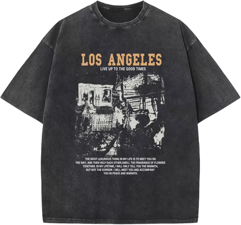 Pairxily Oversized Graphic Tshirts for Men Acid Wash Los Angeles Vintage Tees Streetwear Baggy Cotton Shirts Casual Tops
