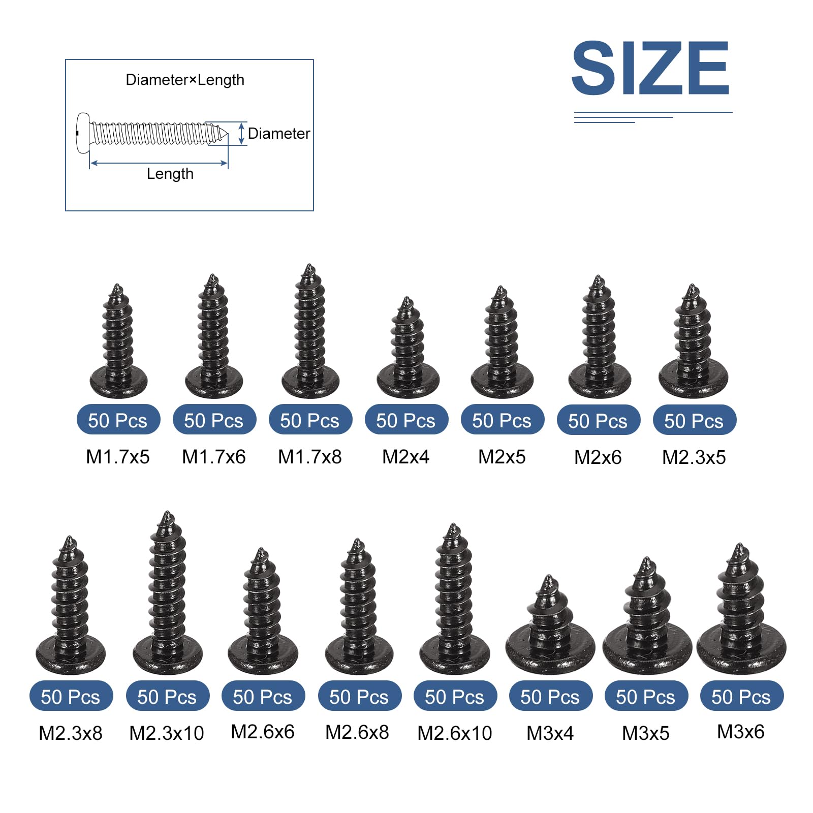DTGN Mini Self-Tapping Screws Phillips Pan Head Screws for Laptop Computer Repair Assurance Kit,Carbon Steel Black,Size:M1.3x5 to M3x6 (750 Pcs) - Image 2
