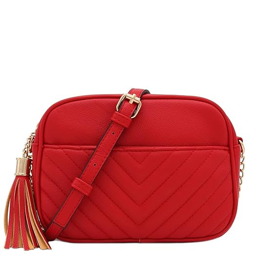 Chevron Quilted Crossbody Camera Bag with Chain Strap and Tassel (Red) One Size
