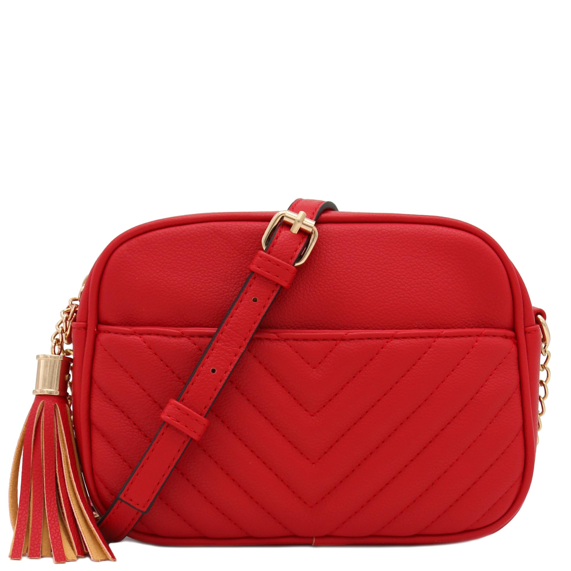 FashionPuzzle Chevron Quilted Crossbody Camera Bag with Chain Strap and Tassel