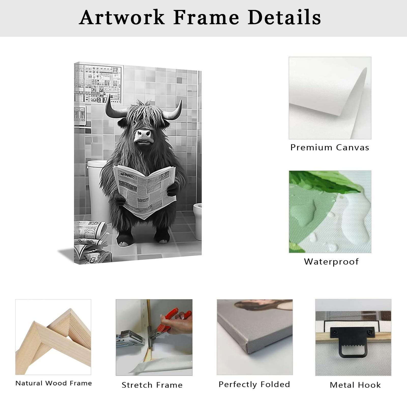 Quadro Su Tela 40x60 Cm Con Mucca Delle Highland Simpatica Sul WC - Stampa Umoristica Per Bagno, Cornice In Legno Inclusa, Pronta Da Appendere