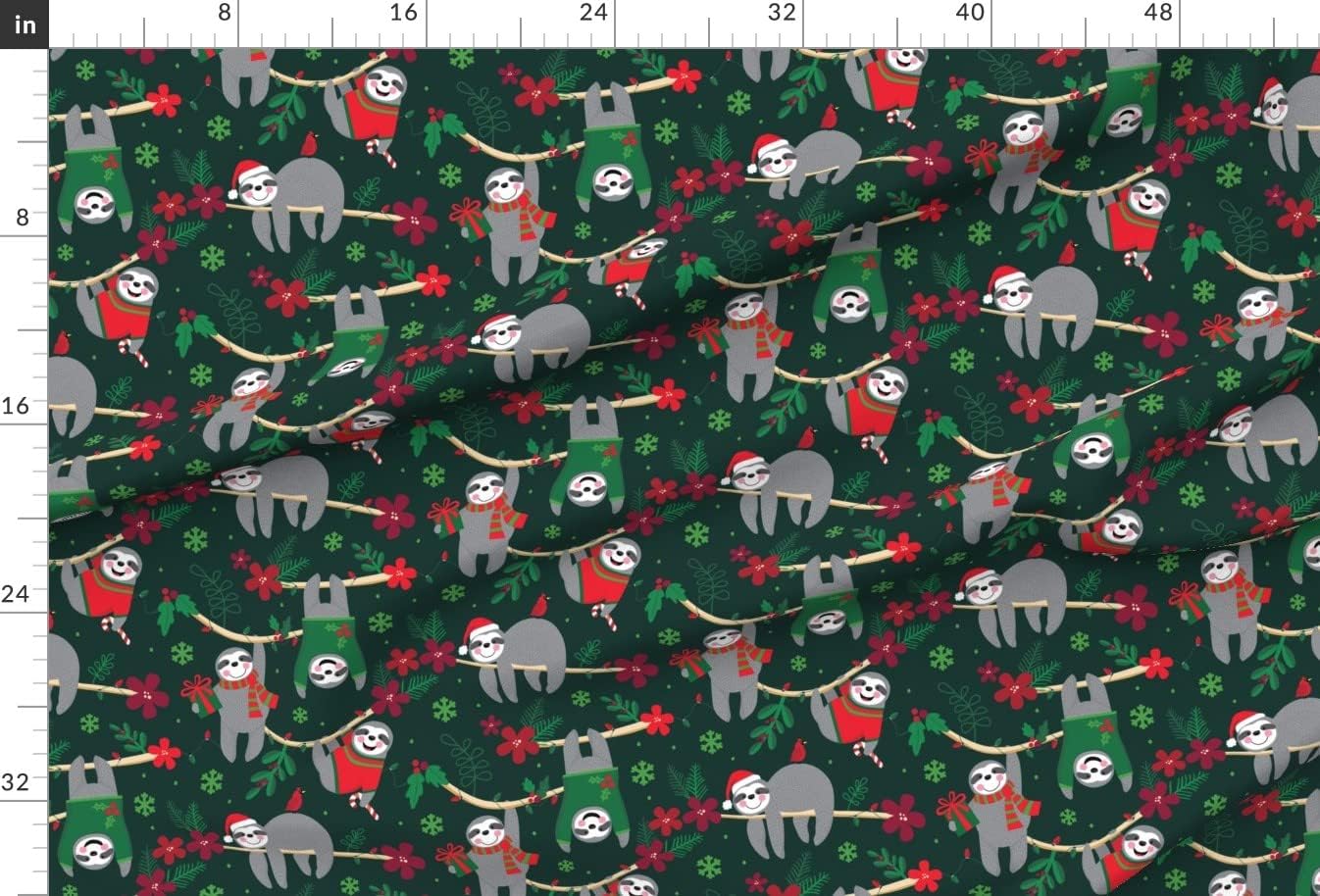 Spoonflower Fabric - Happy Sloth Christmas Holiday Floral Red Green Santa Animal Sloths Printed on Upholstery Velvet Fabric Fat Quarter - Upholstery Home Decor Bottomweight Apparel