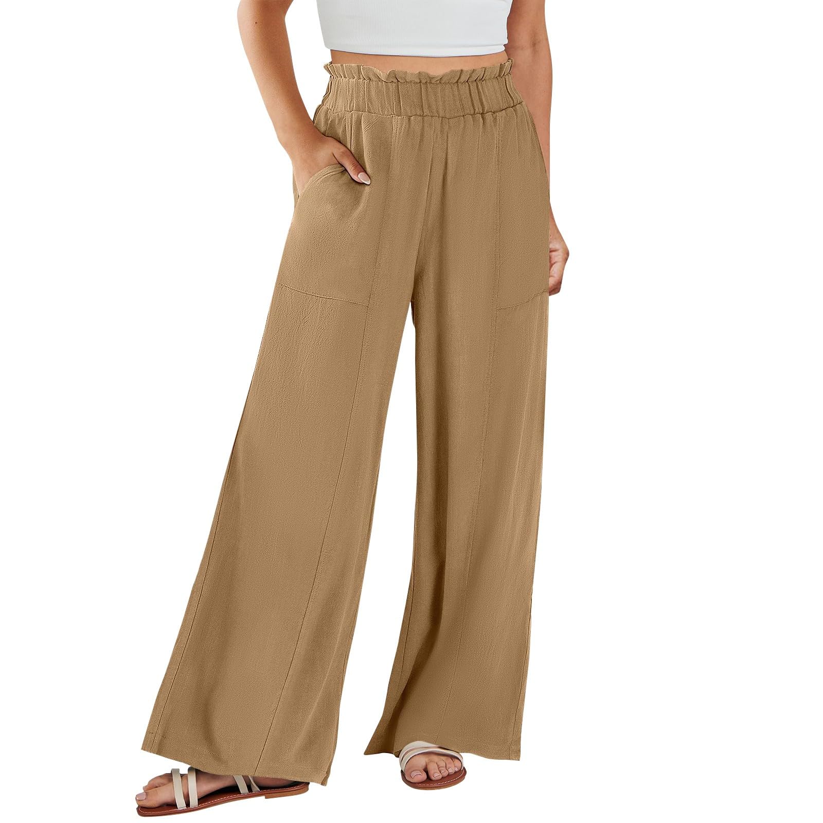 Wide Leg Linen Pants for Women Summer Ruffle Elastic Waist Beach Lounge Flowy Pull On Pants with Pockets Spring Loose Fitting Travel Comfortable Cotton Gaucho Tall Trousers Slacks Brown