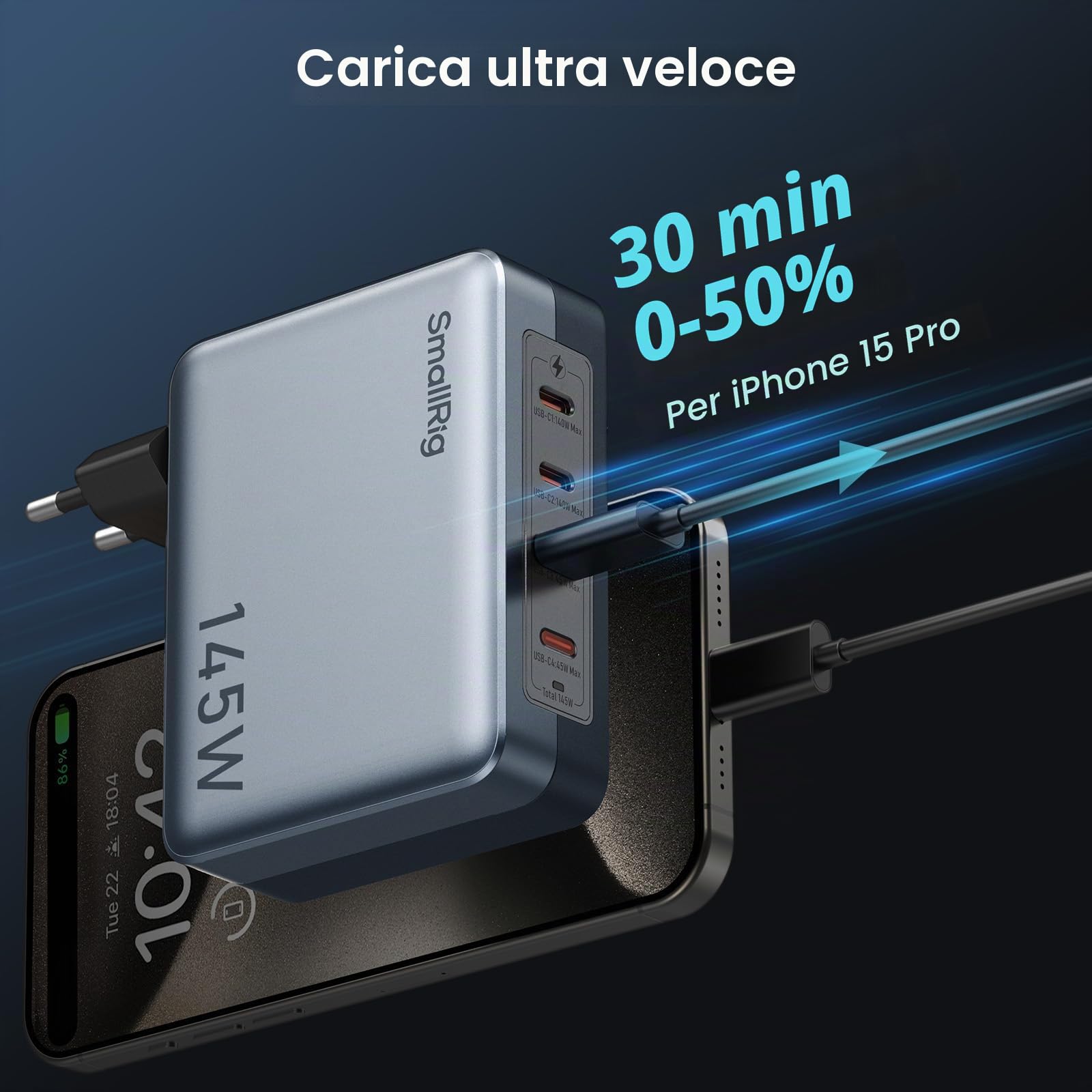 SMALLRIG 145W USB-C Charger, 4-Port PD3.1 GaN Fast Pieghevole Charger per MacBook Pro/Air PPS Wall Charger Power Adapter per iPad, V-Mount Battery, Laptop, Fotocamera - 4748