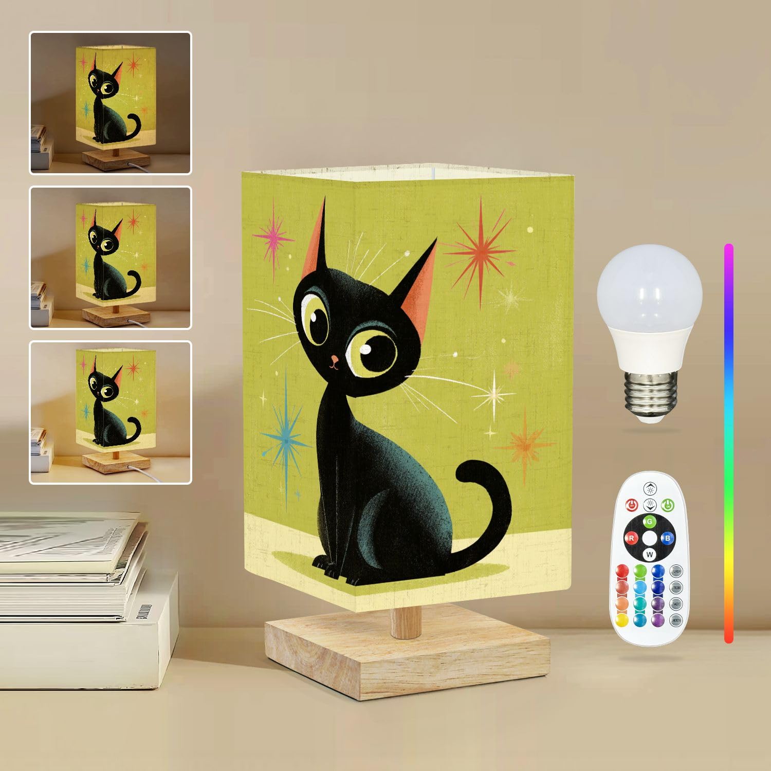 Square Table Lamp for Bedroom Mid Century Modern Retro Cat Art Soulful Eyes Beside Lamps Desk lamp with Wood Base Nightstand Lamps for Nursery Living Room Home Decor