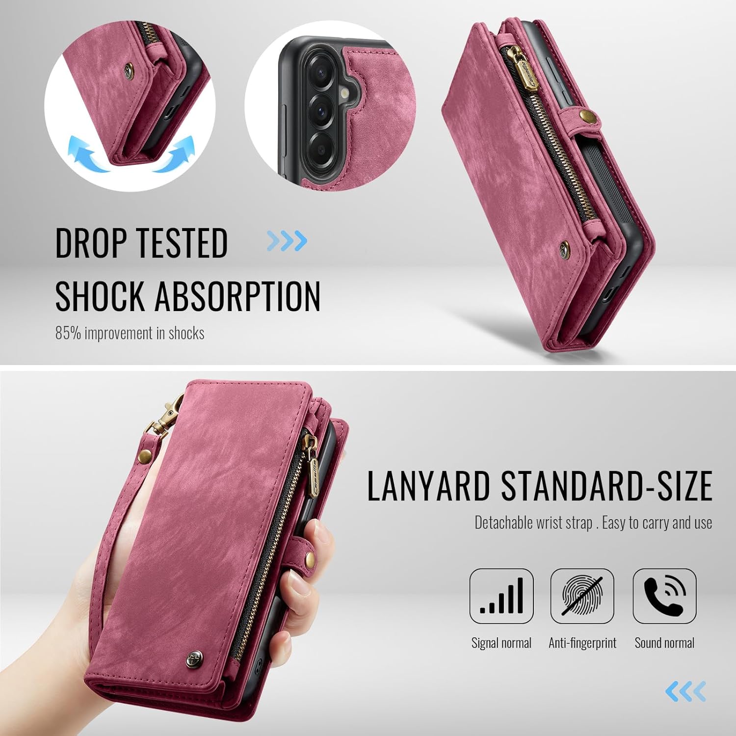 Case Compatible with Galaxy A57,Genuine Leather Wallet Detachable Magnetic Cell Phone Cover Wireless Charge Zipper Purse RFID Blocking Card Slot Holster (Wine Red, Samsung Galaxy A57)