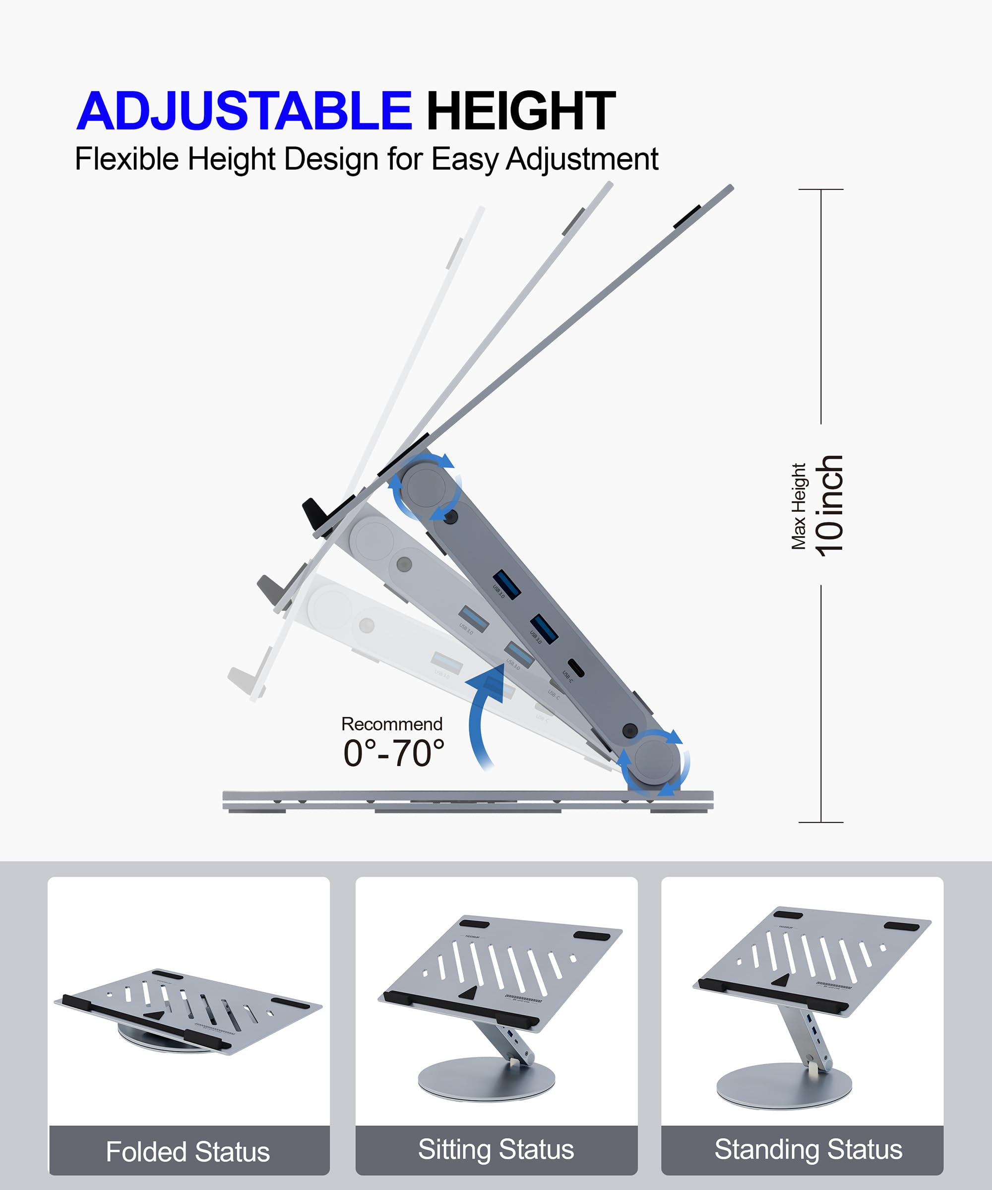 YICOSUN Supporto da scrivania per computer portatile, girevole a 360° e regolabile in altezza, ergonomico con prese d'aria di raffreddamento in alluminio, per MacBook, Dell, Lenovo da 10 a 16 pollici