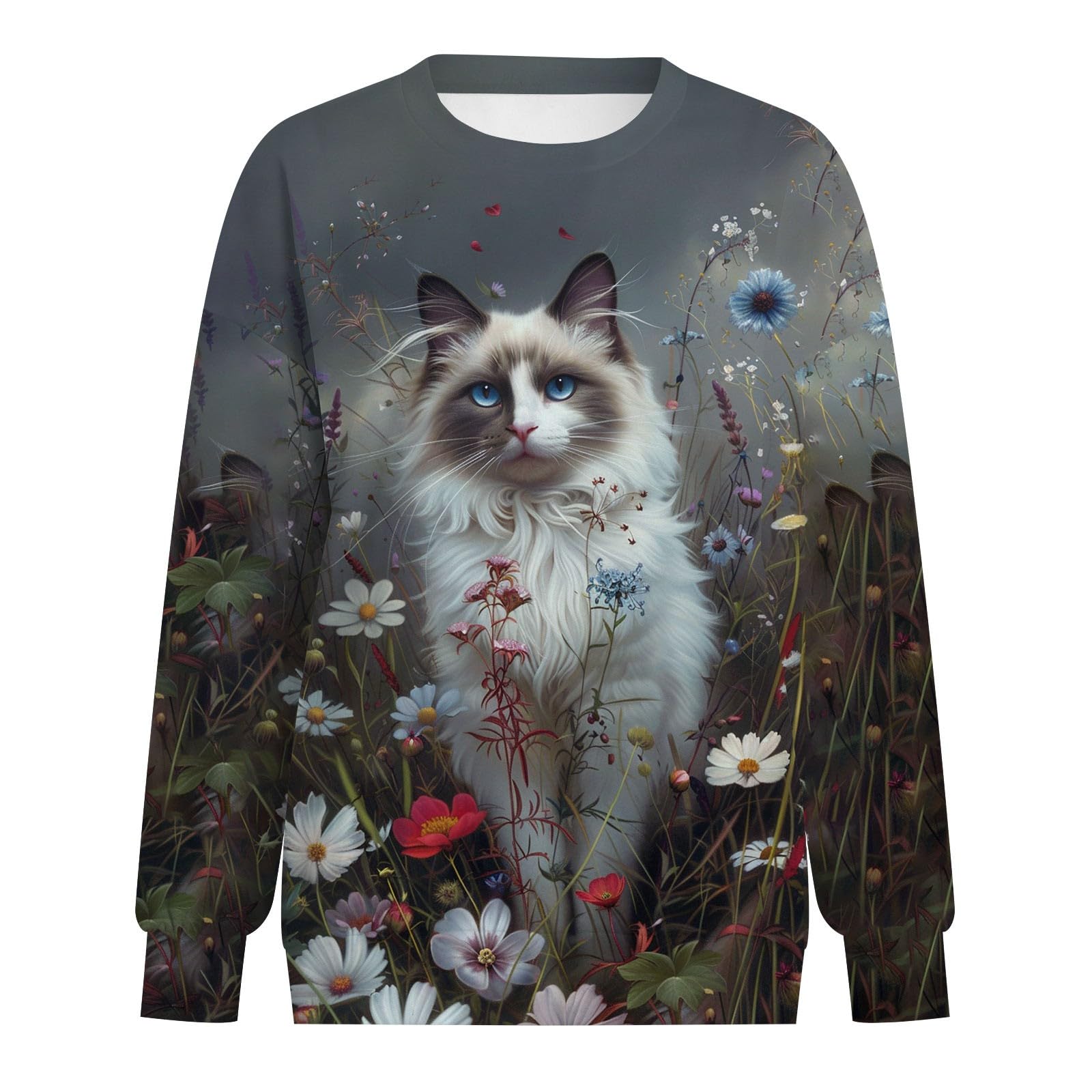 Cropped Sweatshirt Damen süßer Katzenpullover, grafischer Rundhalspullover, übergroßer, origineller, lustiger Sweatshirtpullover