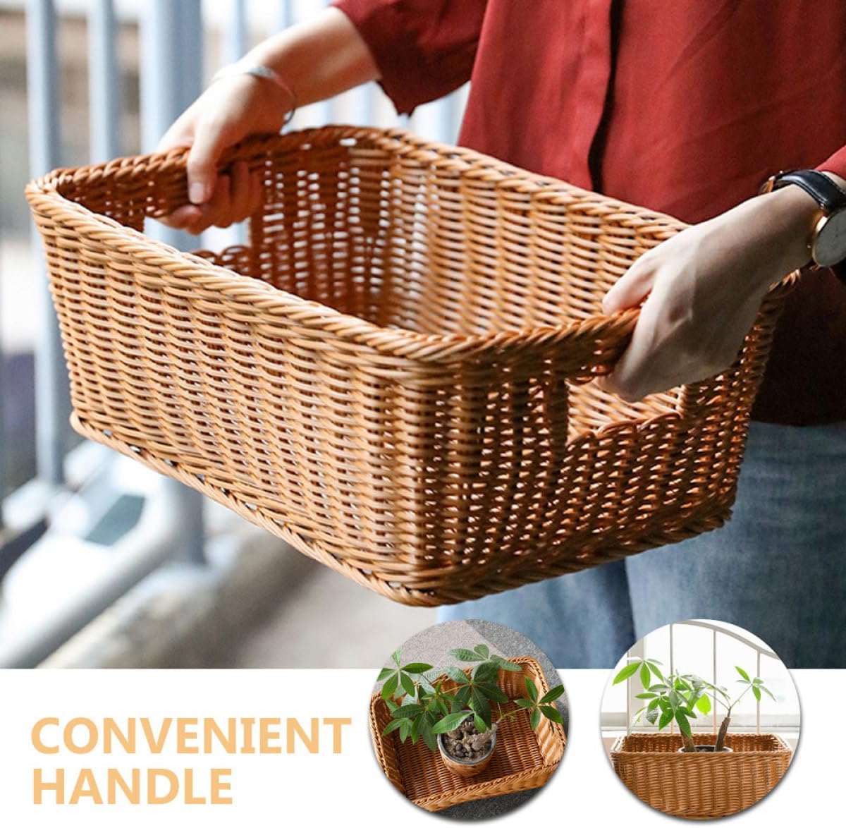 Imitation Rattan Woven Basket Large Desk Sundry Organizer 40.5x28x15cm Handmade Storage Bin for Books Towels Slippers Home Office Organization