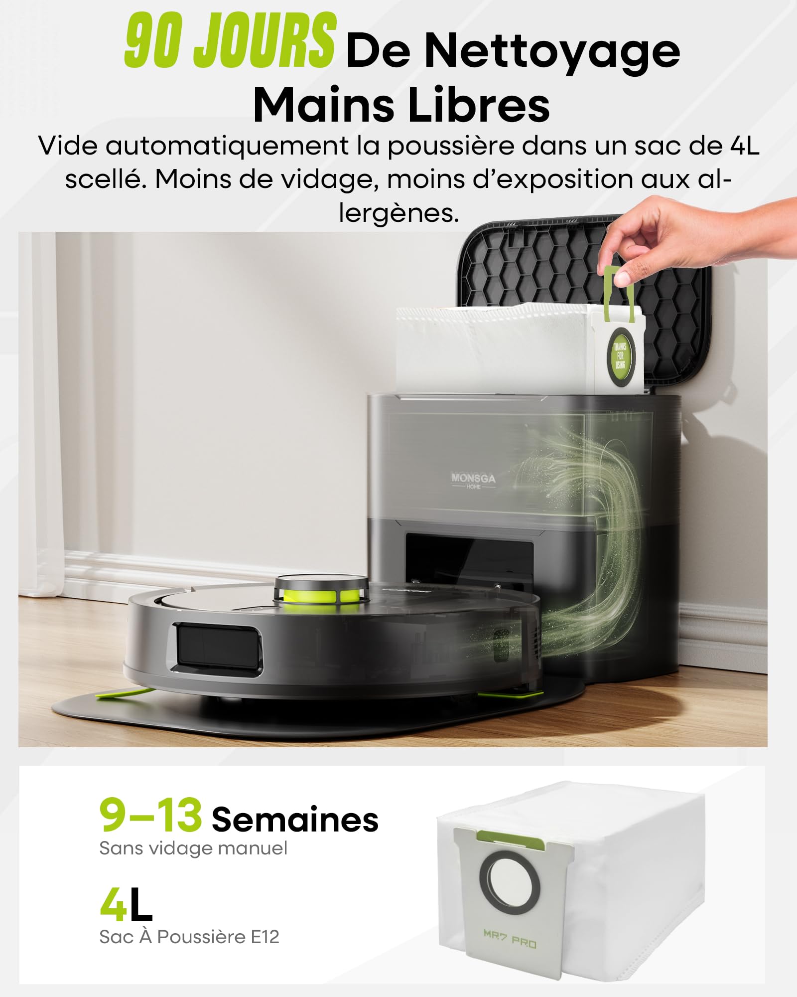 MONSGA Aspirateur Robot 8000Pa, Robot Aspirateur Laveur avec Station Auto-vidage 4L, Plaque de Protection, Navigation LDS, Double Anti-emmêlement pour Cheveux et Poils d'animaux, APP, Contrôle Vocal