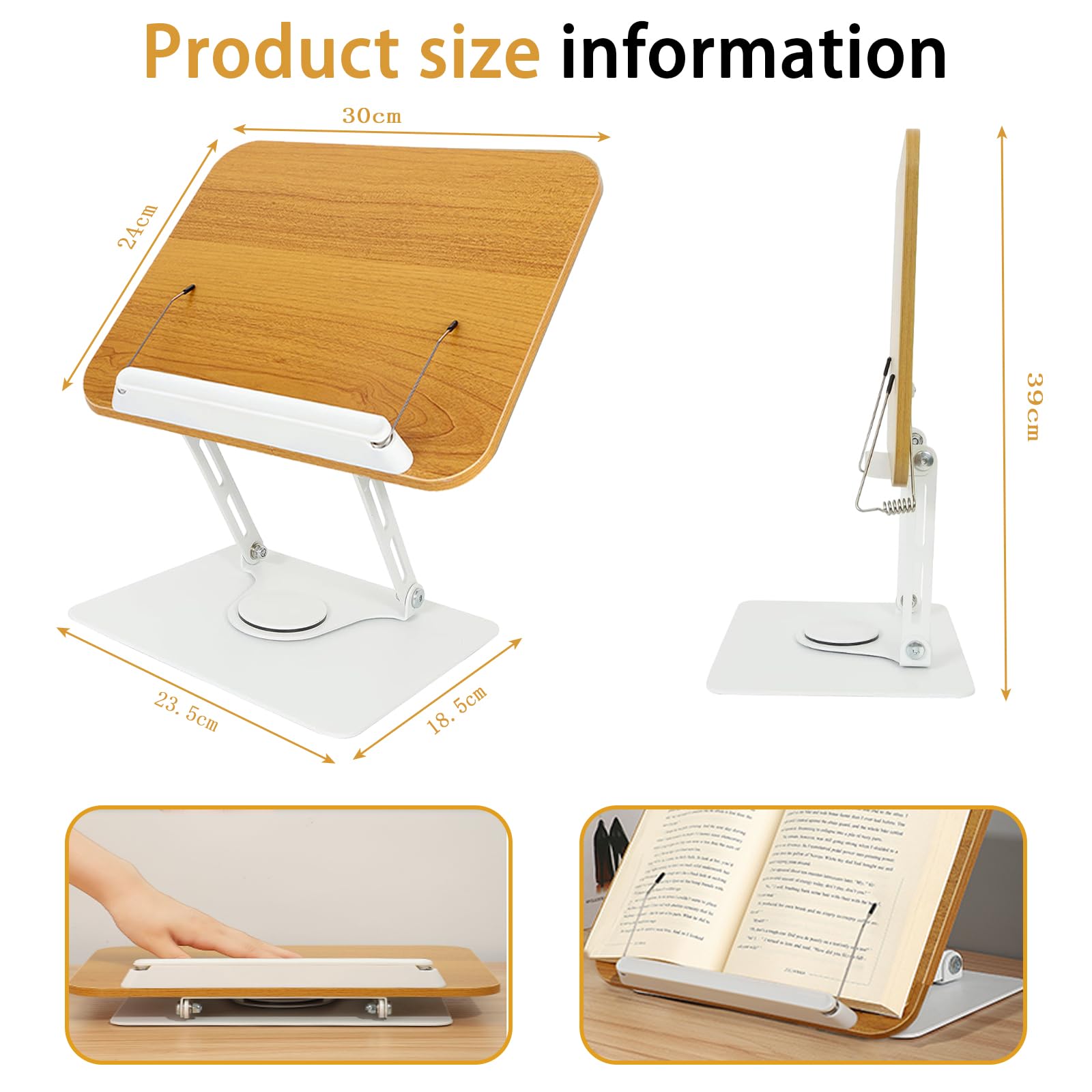 GIZNXBA Leggio Da Tavolo Regolabile In Noce, Rotazione 180°, Fermagli In Gomma, Per Libri, Tablet E PC, Dimensioni L (39x26.5 Cm)