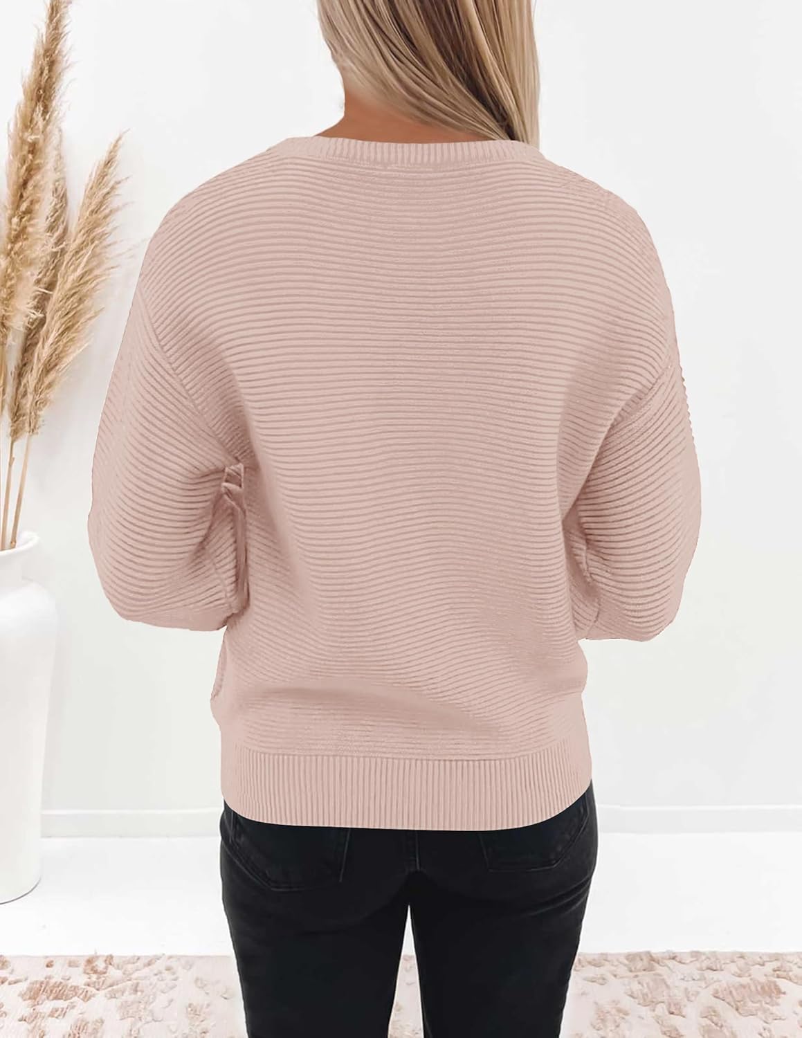 ZESICA Women's Crew Neck Long Lantern Sleeve Fall 2026 Casual Loose Ribbed Knit Solid Soft Pullover Sweater Tops - Image 5