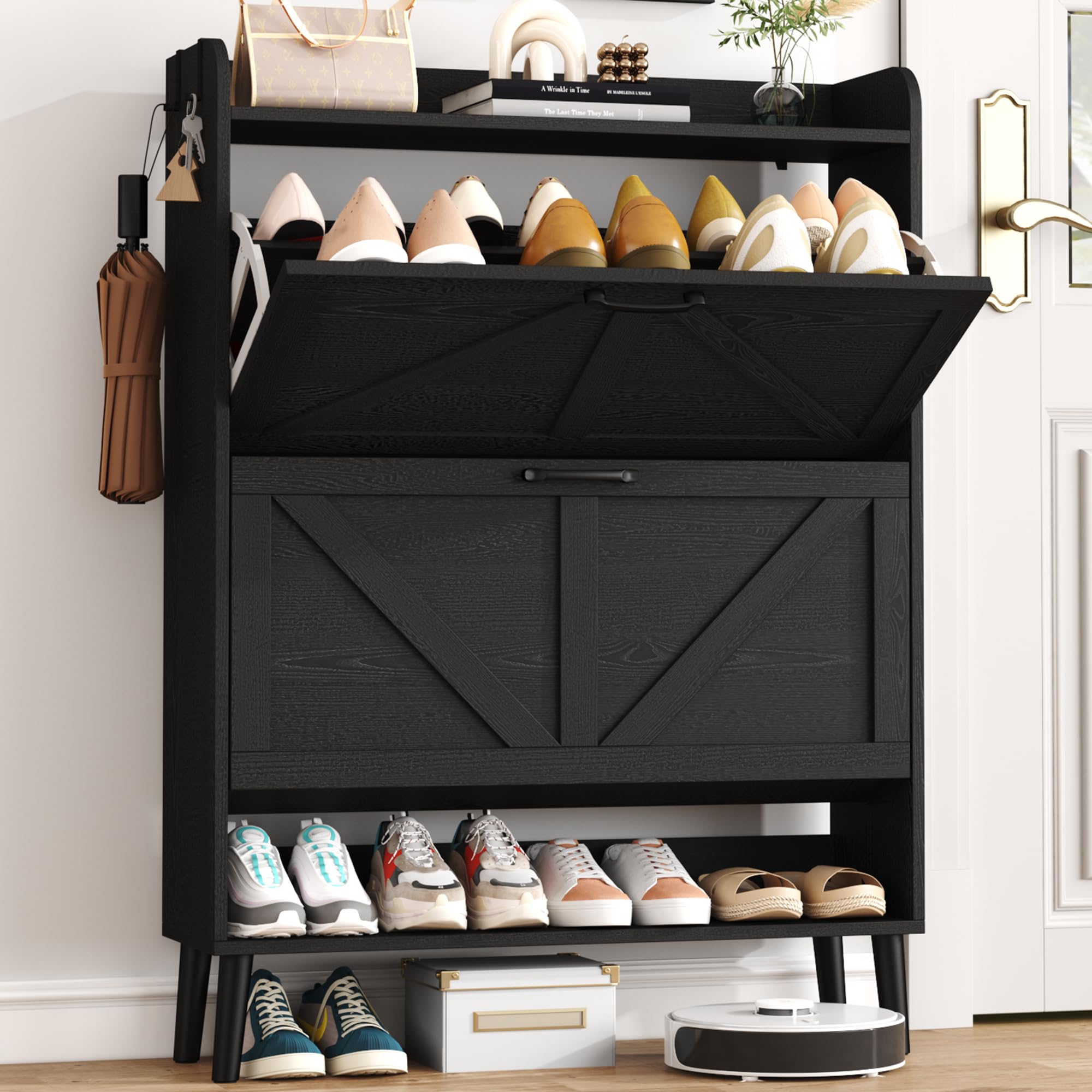 HOME BI Farmhouse Shoe Cabinet with Two Flip Drawers,3-Tier Shoe Storage Organizer with Open Shelf & Top Display,Freestanding Narrow Hidden Shoe Rack for Entryway Hallway Living Room,Antique Black