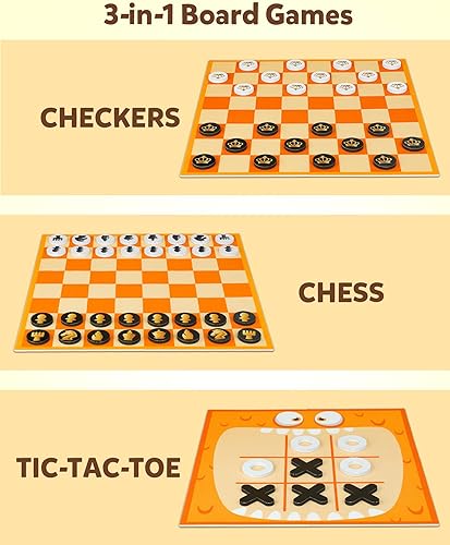 Miniatura 2 de Coogam Juego de mesa de ajedrez y damas, 3 en 1 Tic Tac Toe Juego de mesa vintage con alfombra, actividades de fiesta en el césped, juguete de viaje