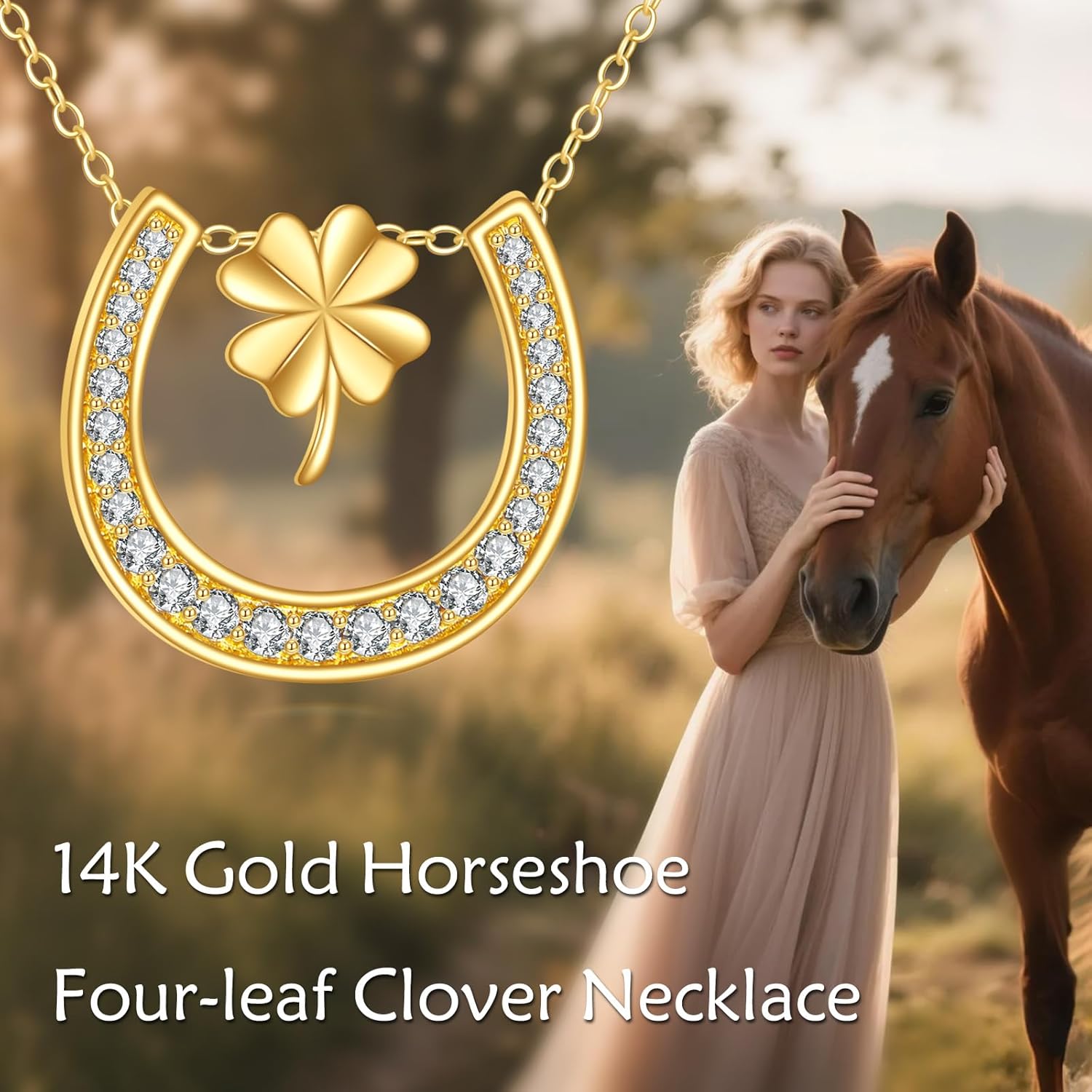 DOVRAN 14K Solid Gold Horseshoe Necklace for Women Real Yellow Gold Clover Pendant Good Luck Jewelry Birthday Gifts for Wife Mom Friends