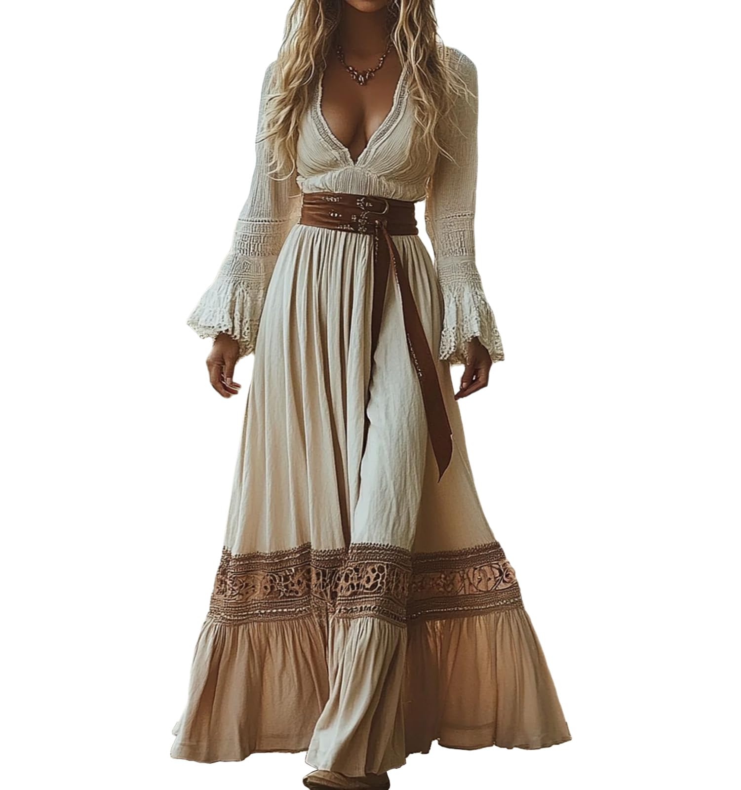 XUSAI White,L,Women's 70s Western Vintage Cowgirl Dress Sexy Deep V Colorblock Maxi Dress Fall Casual Long Sleeve Boho Long Dress