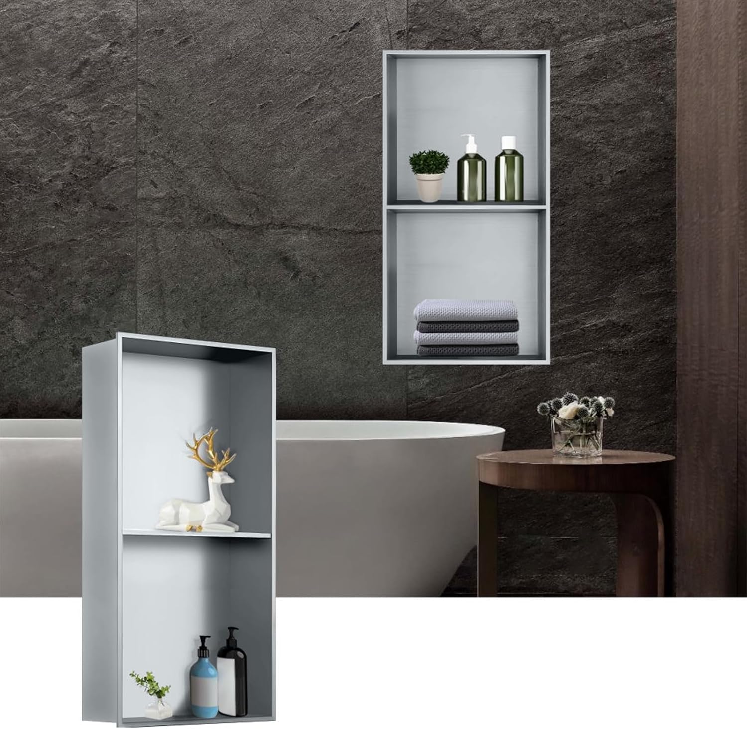 2層ステンレススチールシャワーニッチ、27.56インチ x 11.02インチ x 4.92インチの正方形埋め込み式壁ニッチ、シャンプ