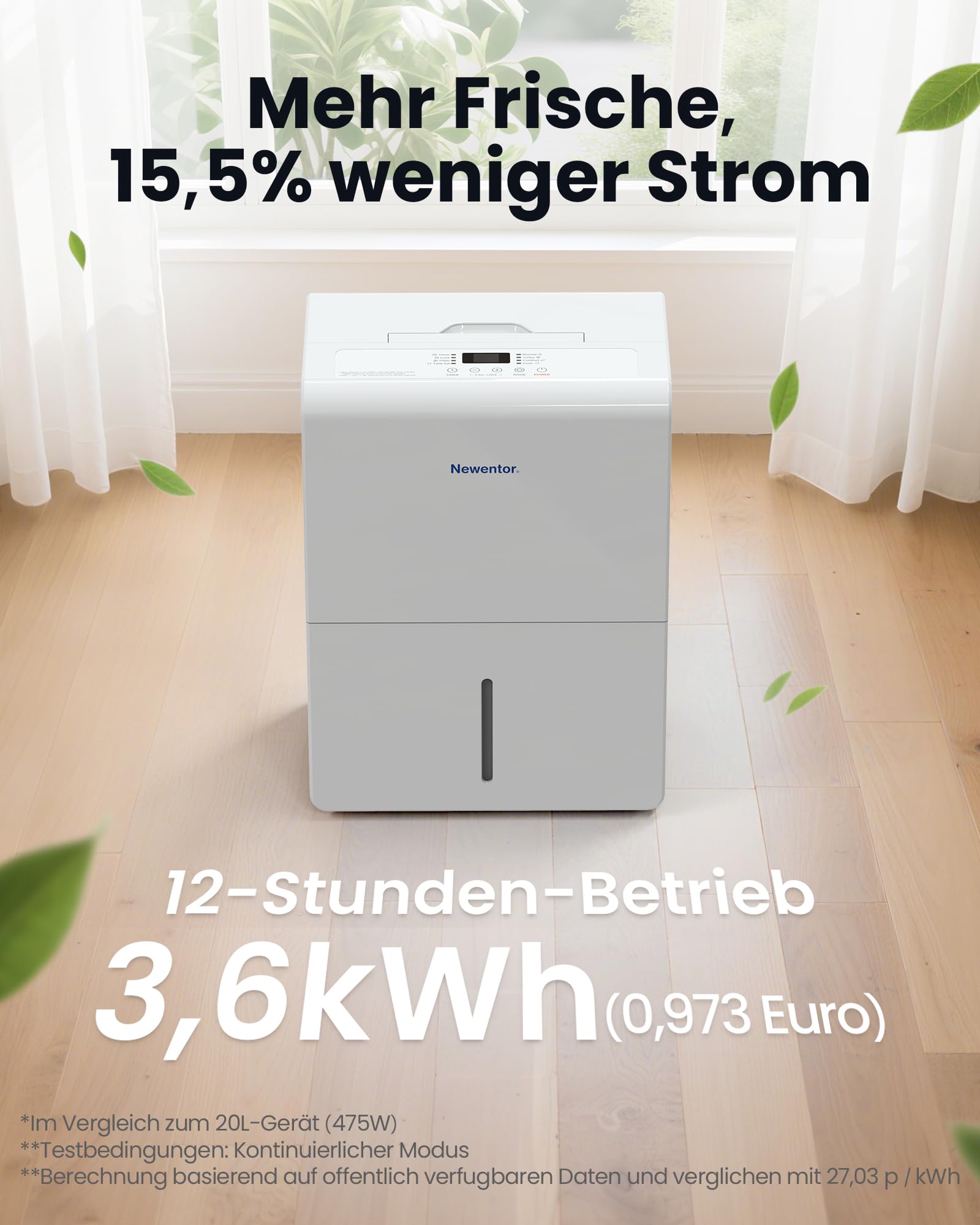 Newentor Deumidificatore 25 l/24 h, per ambienti 215 m³/80 m² - 3 volte riduzione del rumore - Chip a risparmio energetico - Facile da usare - Con tubo di scarico da 1 m e filtro rimovibile, timer