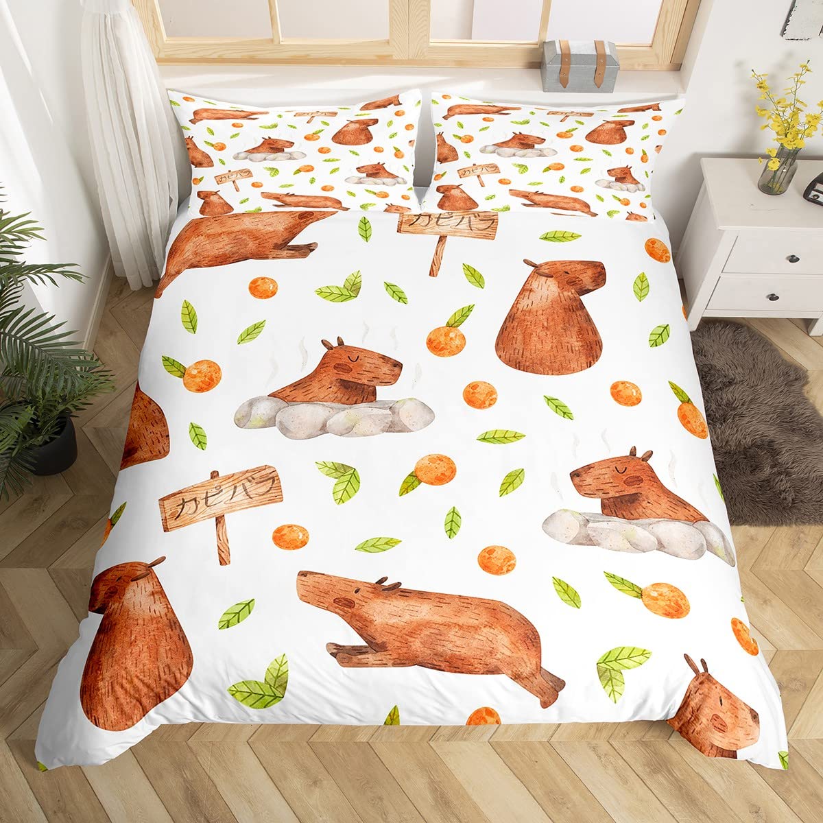 Watercolor Animals Duvet Cover Set Double Size, Capybara Oranges Print Comforter Cover with 2 Pillowcases, South America Rodents Bedding Set 3pcs for Kids Boys Girls Lightweight Bedspread Cover โ image 1
