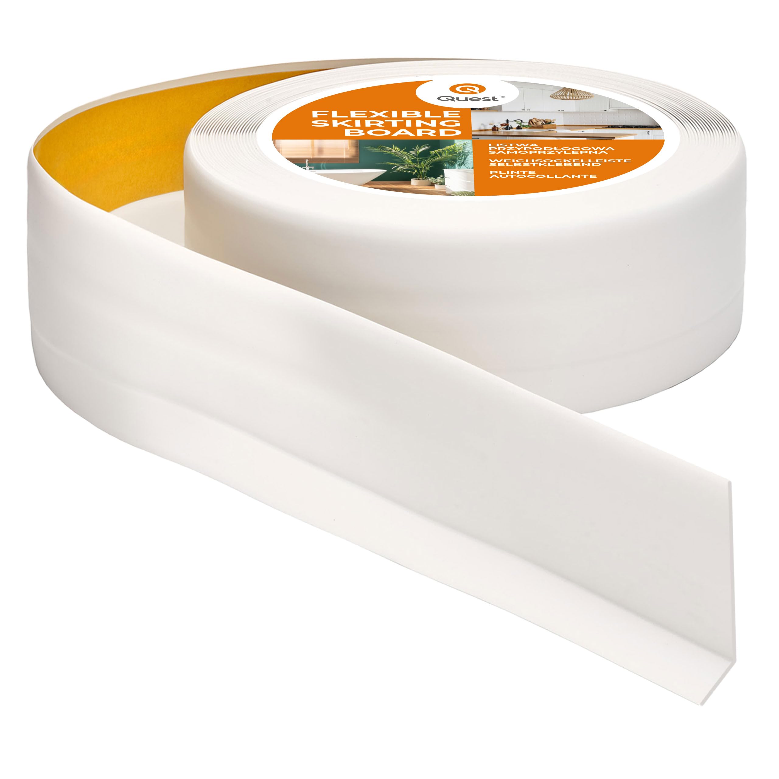 Quest Battiscopa Morbido Adesivo - 50 mm x 20 mm - Listello in PVC, Finitura Flessibile, Profilo Angolare per Cucina, Bagno, Parete, Pavimento - Decorativo (Bianco, 25m)